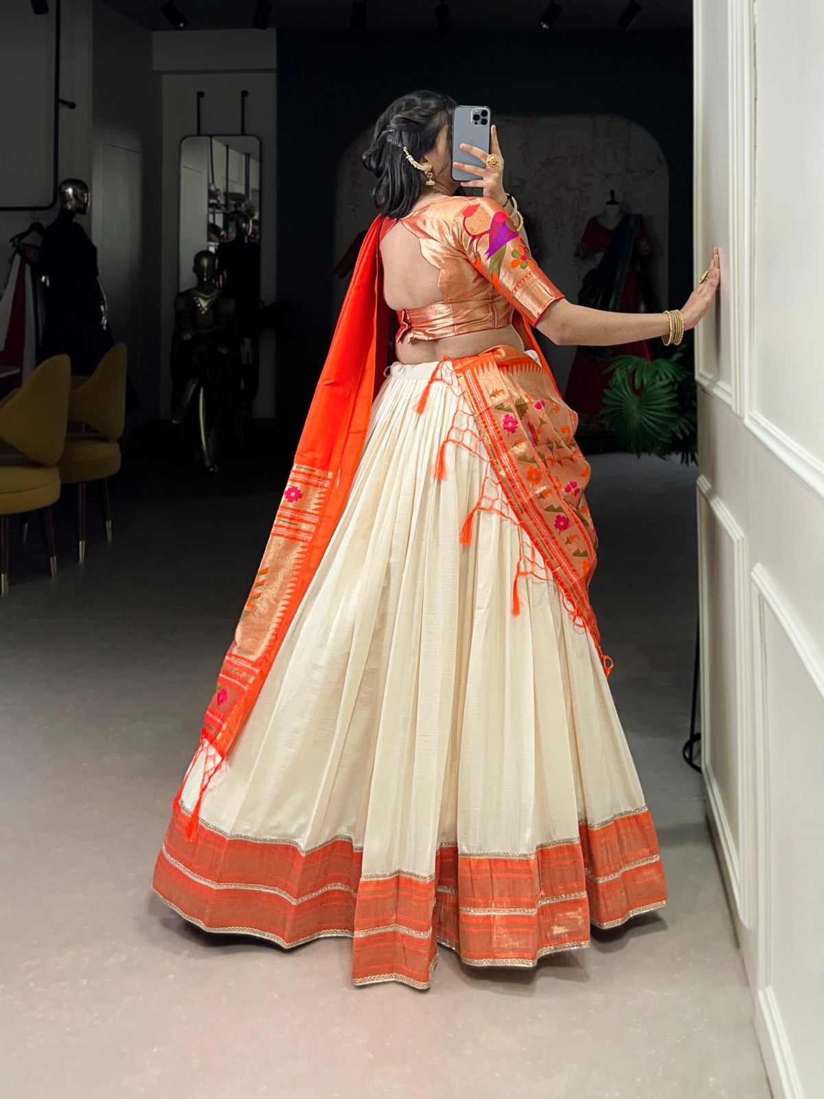 White Vichitra Silk Zari Weaving Lehenga Set with Paithani Jacquard Blouse & Dupatta