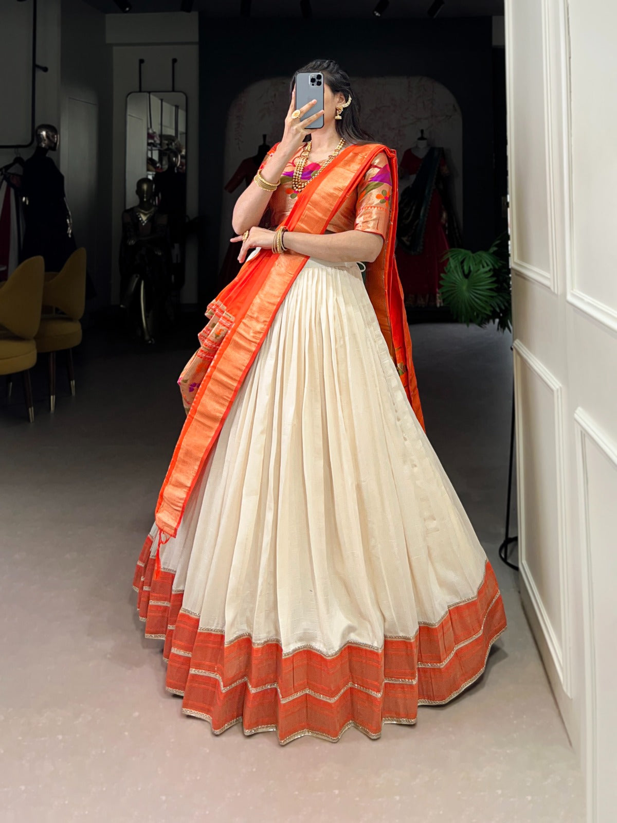 White Vichitra Silk Zari Weaving Lehenga Set with Paithani Jacquard Blouse & Dupatta