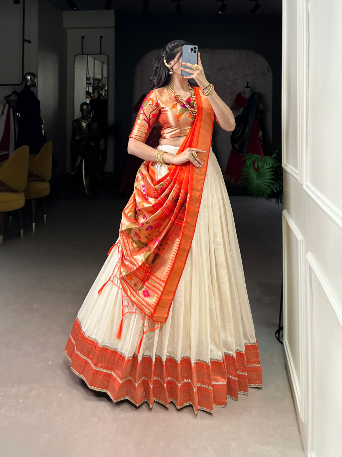 White Vichitra Silk Zari Weaving Lehenga Set with Paithani Jacquard Blouse & Dupatta