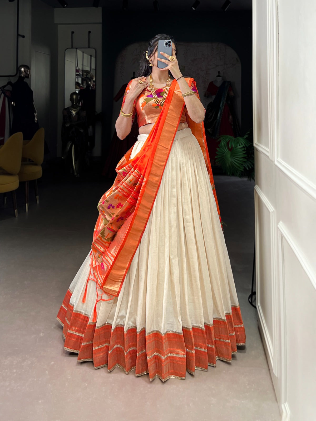 White Vichitra Silk Zari Weaving Lehenga Set with Paithani Jacquard Blouse & Dupatta