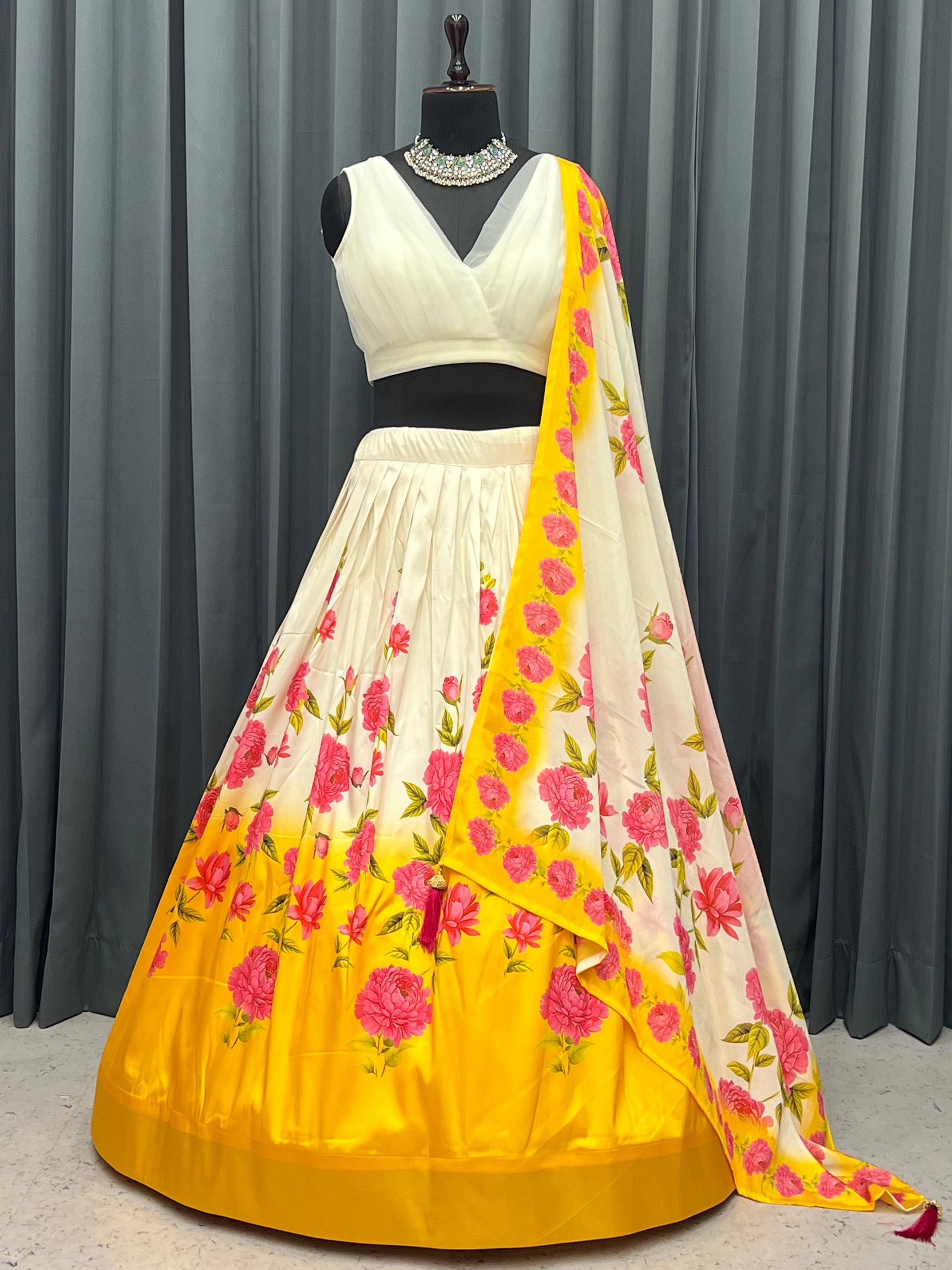 White & Yellow Elegant Tapeta Silk Printed Lehenga Set with Soft Net Blouse & Jhumka Dupatta