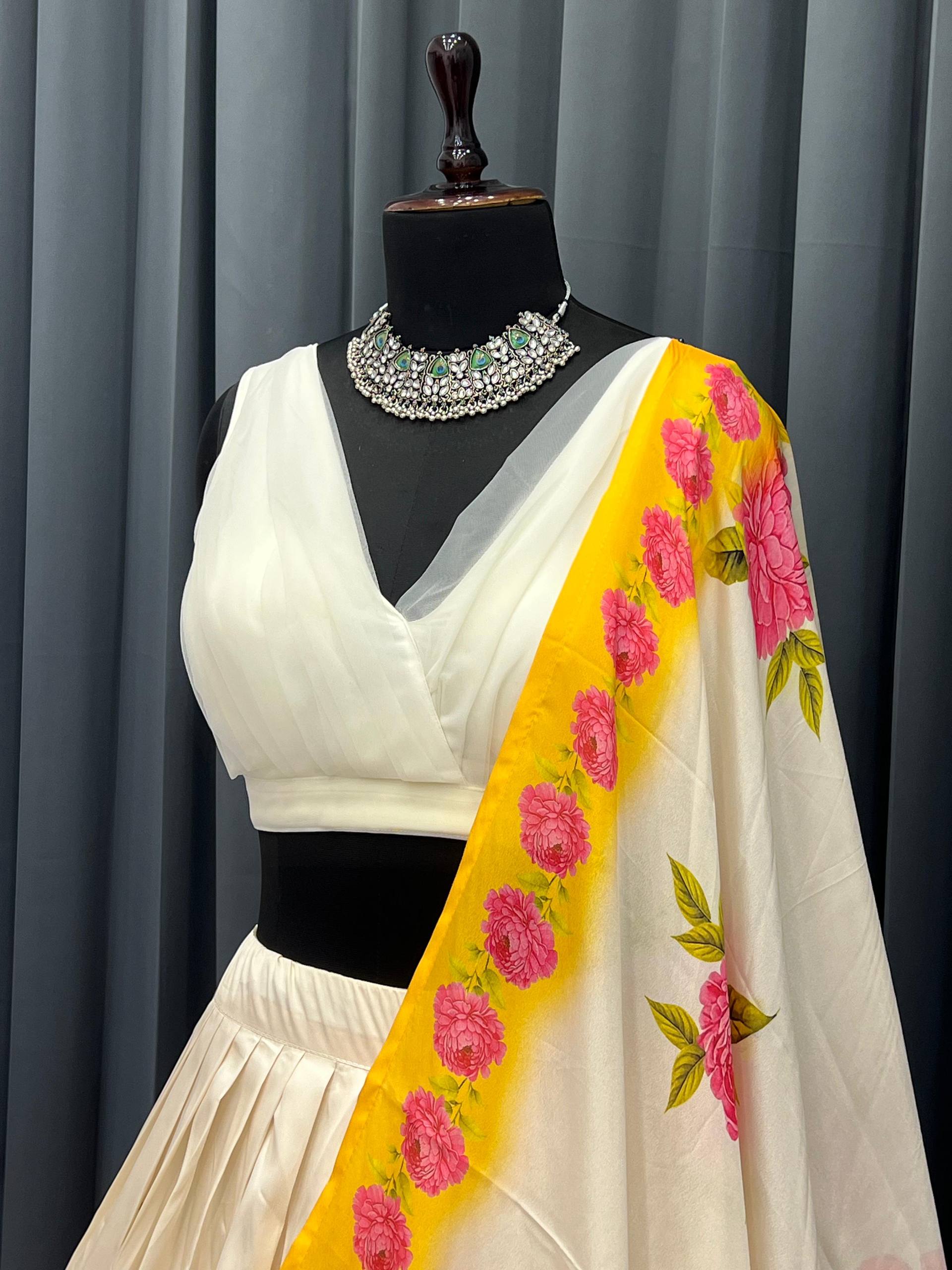 White & Yellow Elegant Tapeta Silk Printed Lehenga Set with Soft Net Blouse & Jhumka Dupatta