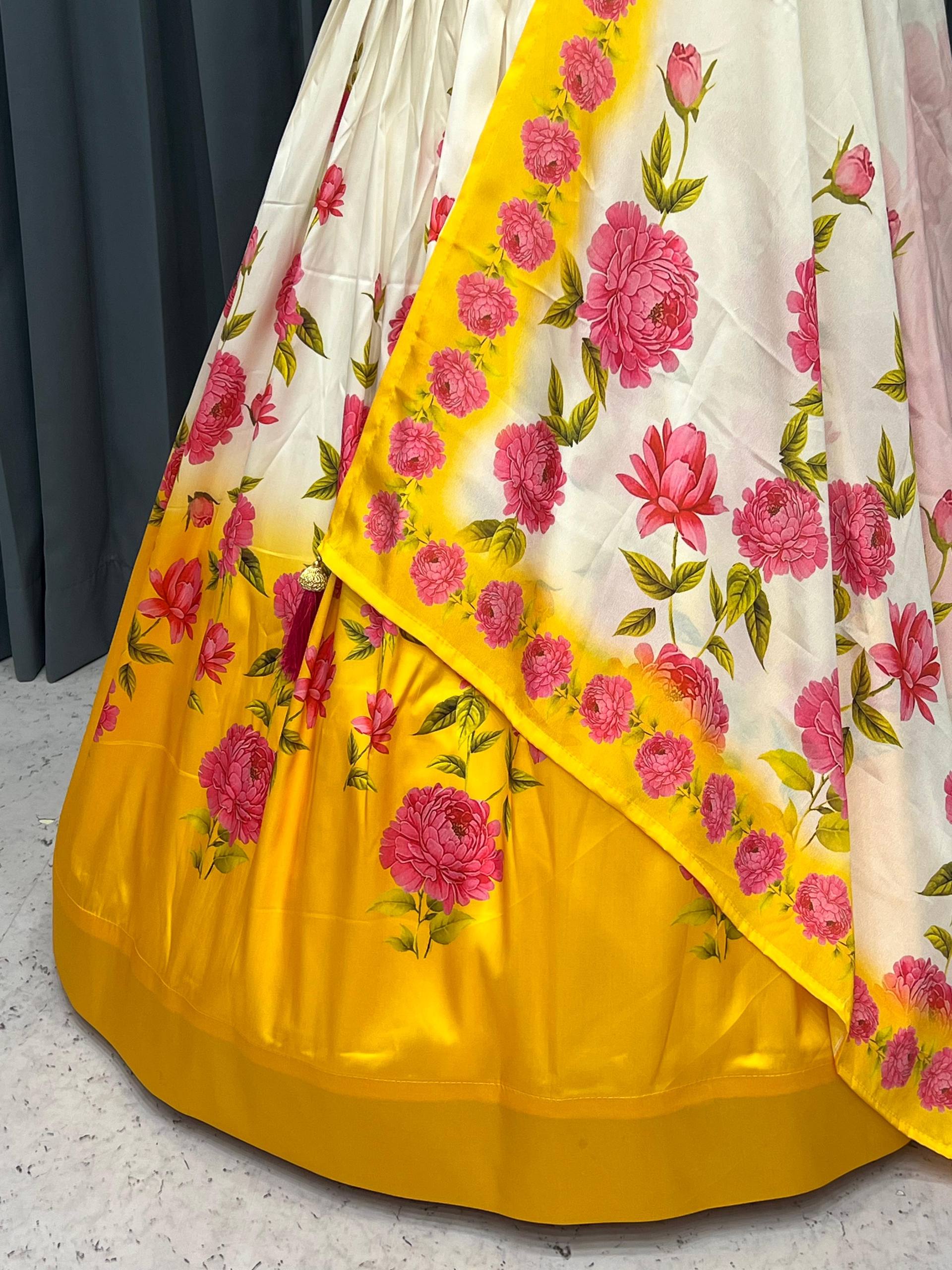 White & Yellow Elegant Tapeta Silk Printed Lehenga Set with Soft Net Blouse & Jhumka Dupatta