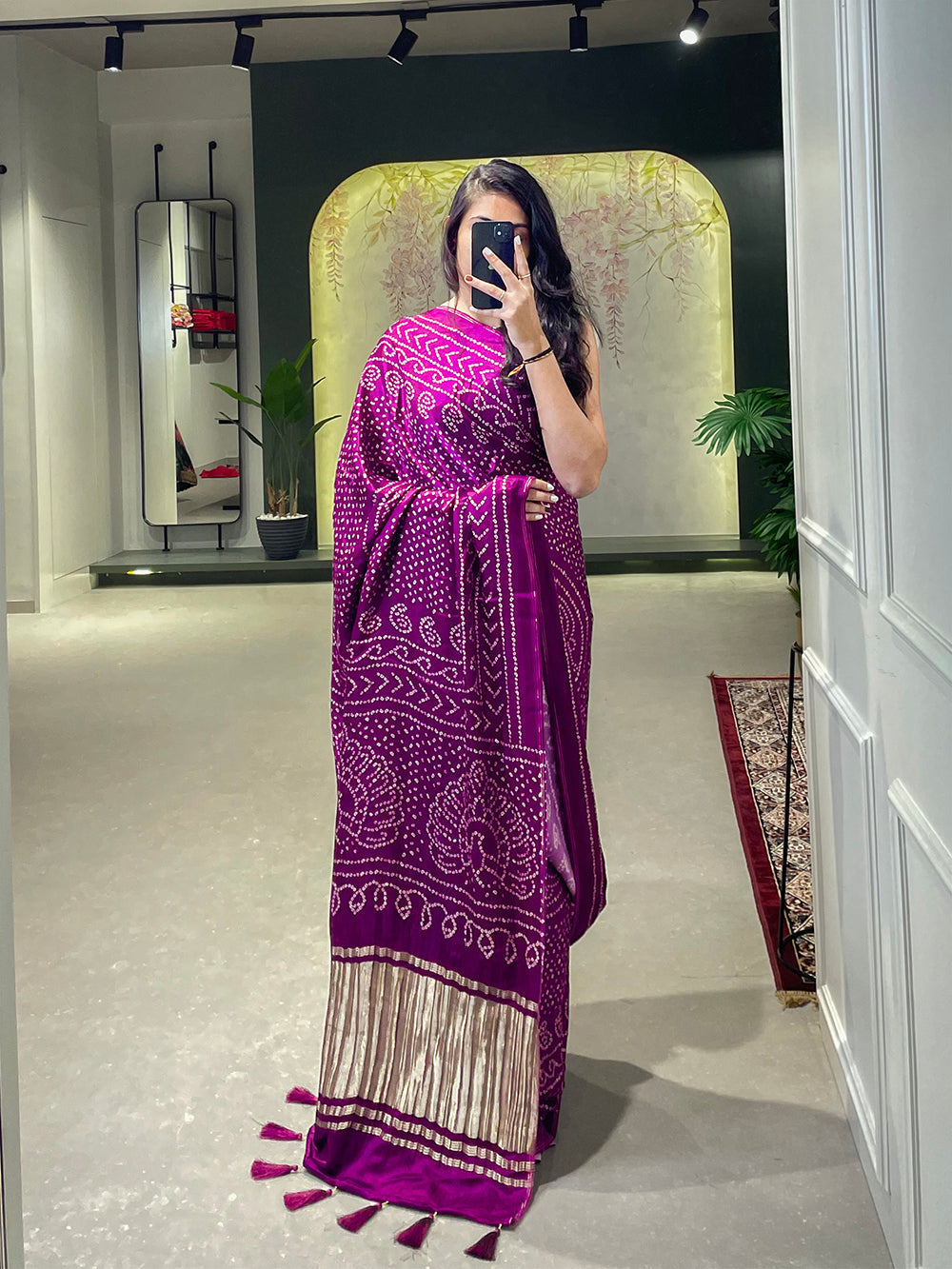 Wine Color Floral & Foil Work Gaji Silk Saree