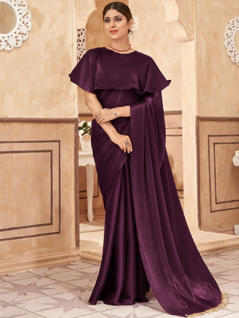 Wine Color Plain Jimi Silk Saree