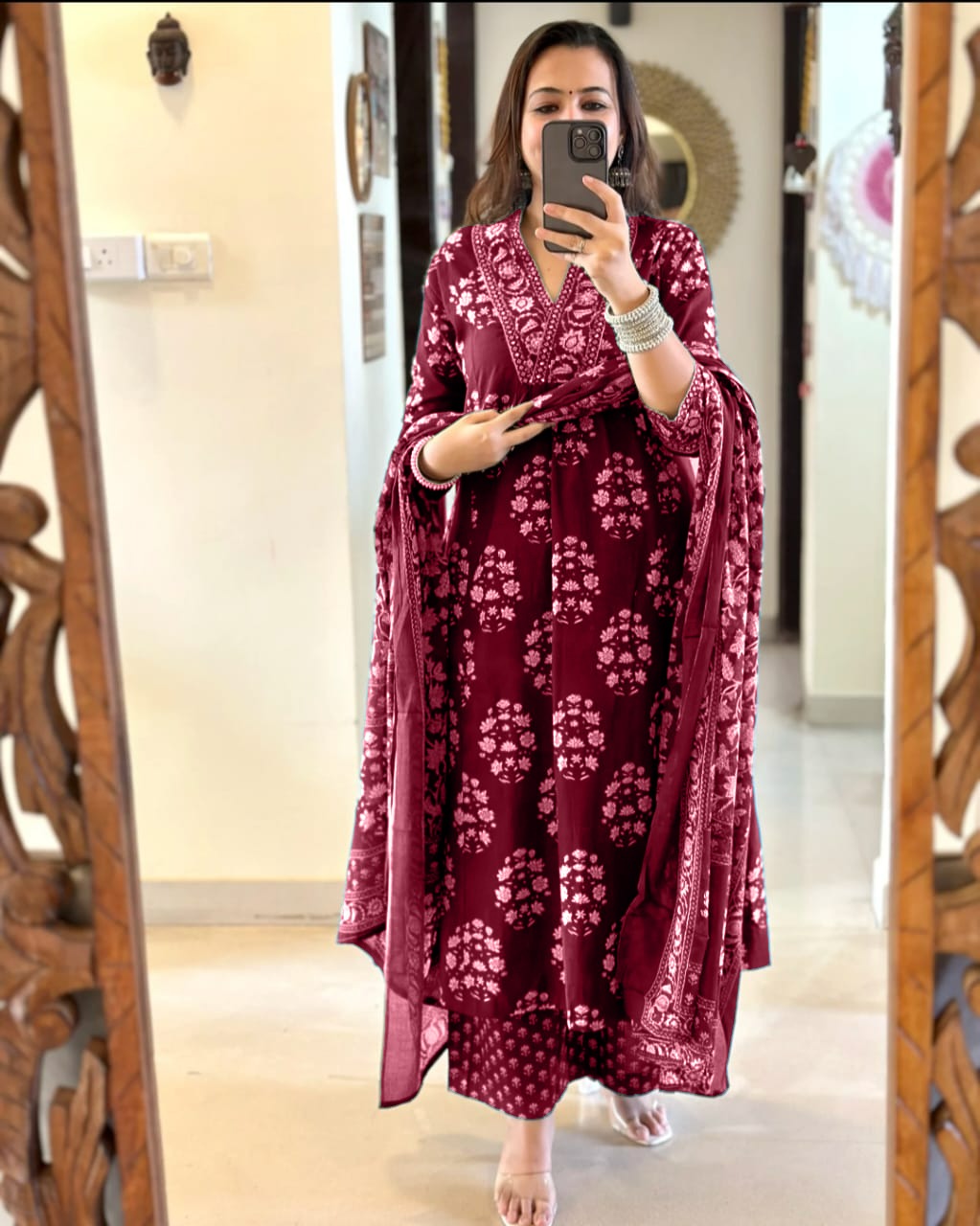 Wine Cotton Print Work Anarkali Kurti Pant Set with Malmal Dupatta
