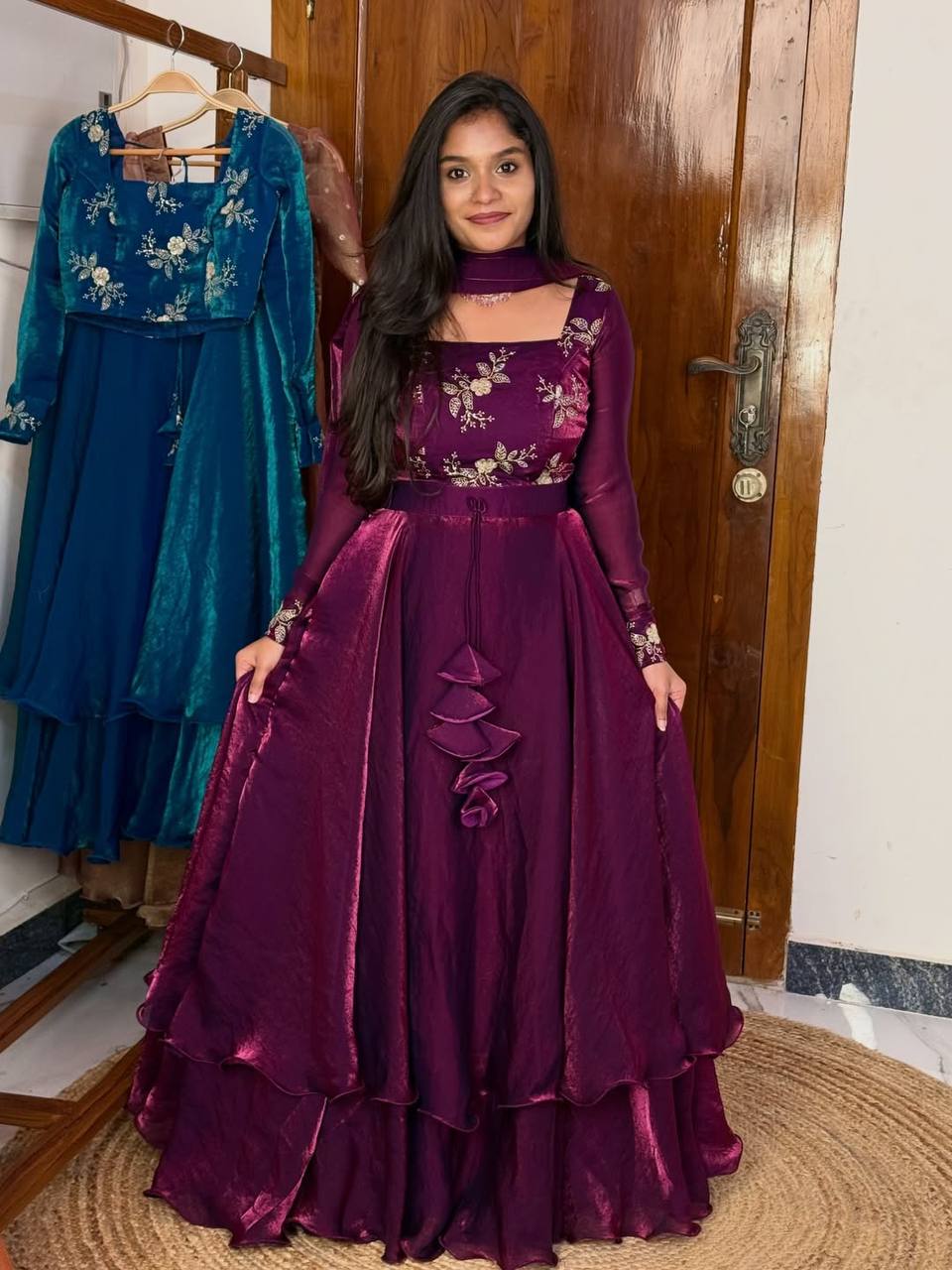 Wine Designer Heavy Fandy Satin Embroidered Peplum Lehenga Set with Sequins, Zari Work, Belt & Matching Dupatta – Fully Stitched Festive & Party Wear