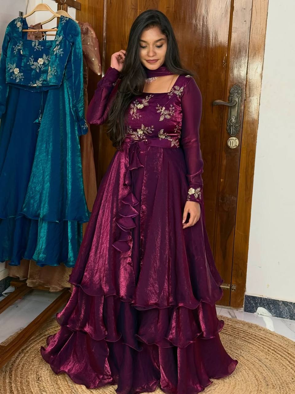 Wine Designer Heavy Fandy Satin Embroidered Peplum Lehenga Set with Sequins, Zari Work, Belt & Matching Dupatta – Fully Stitched Festive & Party Wear