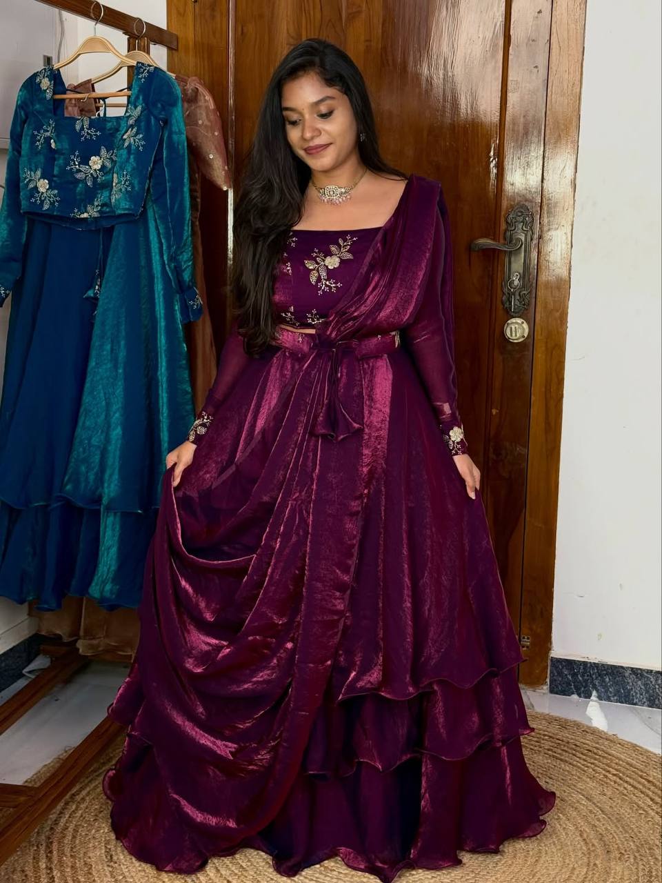 Wine Designer Heavy Fandy Satin Embroidered Peplum Lehenga Set with Sequins, Zari Work, Belt & Matching Dupatta – Fully Stitched Festive & Party Wear