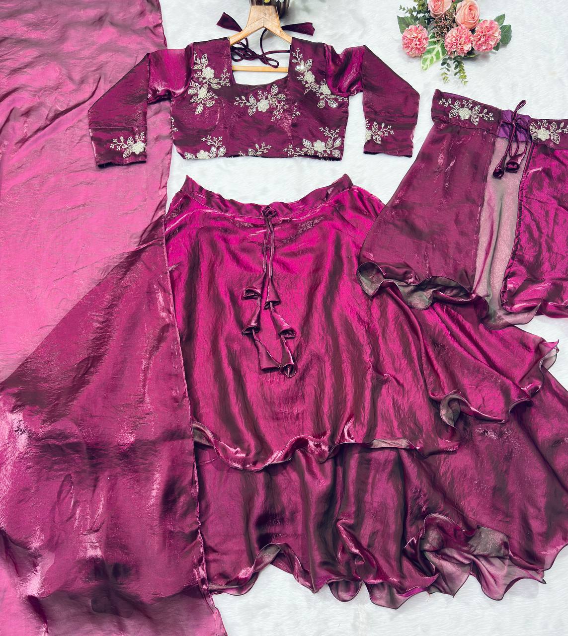 Wine Designer Heavy Fandy Satin Embroidered Peplum Lehenga Set with Sequins, Zari Work, Belt & Matching Dupatta – Fully Stitched Festive & Party Wear