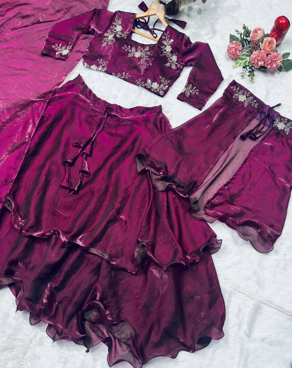 Wine Designer Heavy Fandy Satin Embroidered Peplum Lehenga Set with Sequins, Zari Work, Belt & Matching Dupatta – Fully Stitched Festive & Party Wear