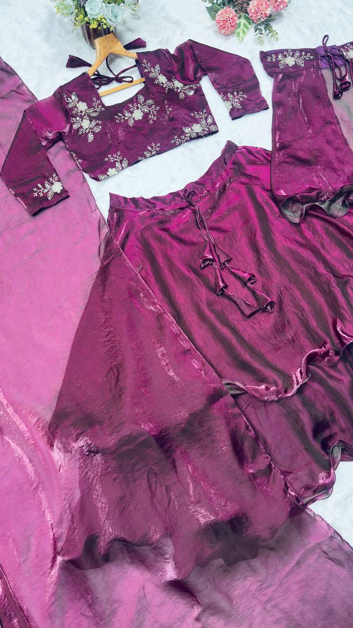 Wine Designer Heavy Fandy Satin Embroidered Peplum Lehenga Set with Sequins, Zari Work, Belt & Matching Dupatta – Fully Stitched Festive & Party Wear