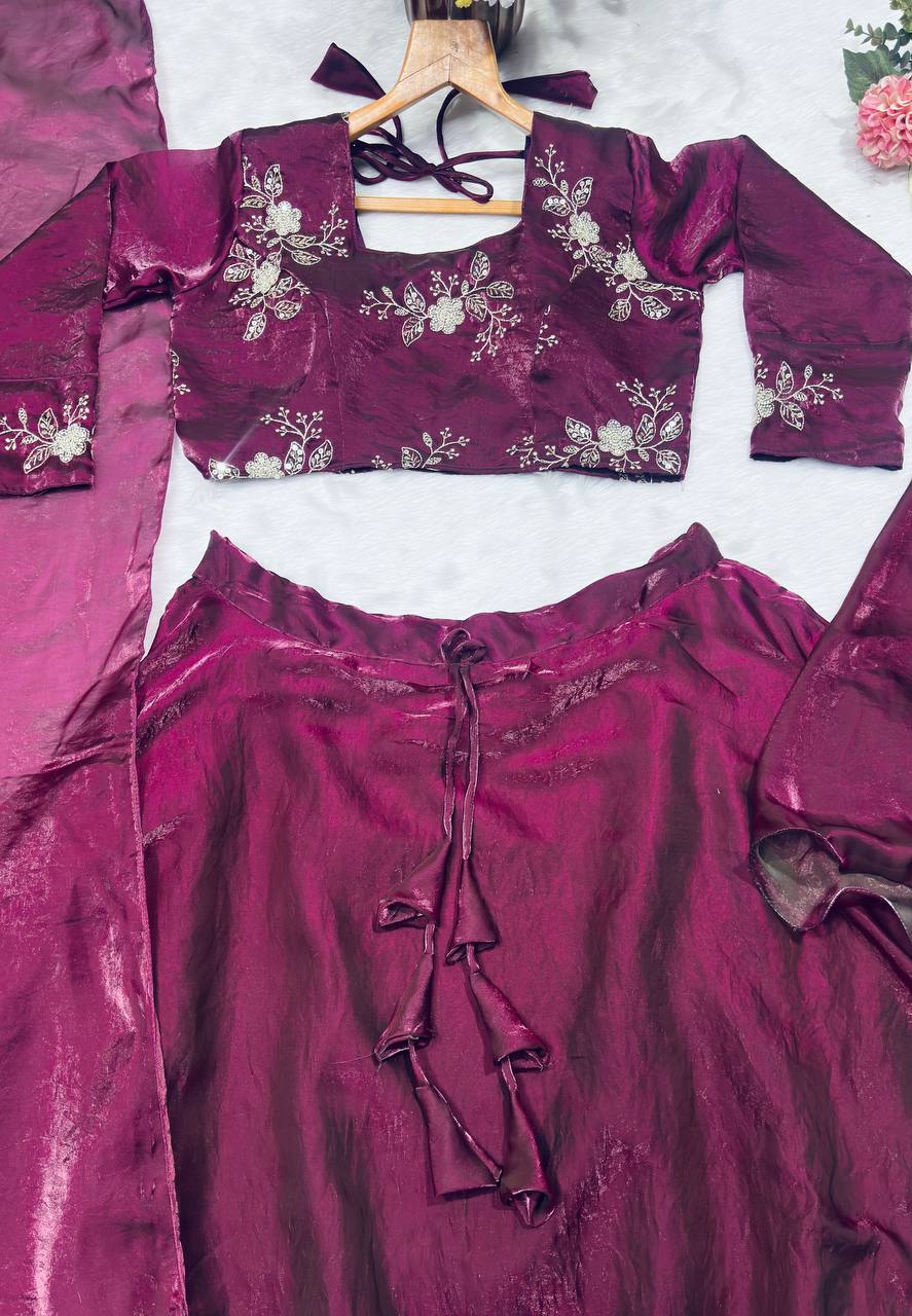 Wine Designer Heavy Fandy Satin Embroidered Peplum Lehenga Set with Sequins, Zari Work, Belt & Matching Dupatta – Fully Stitched Festive & Party Wear