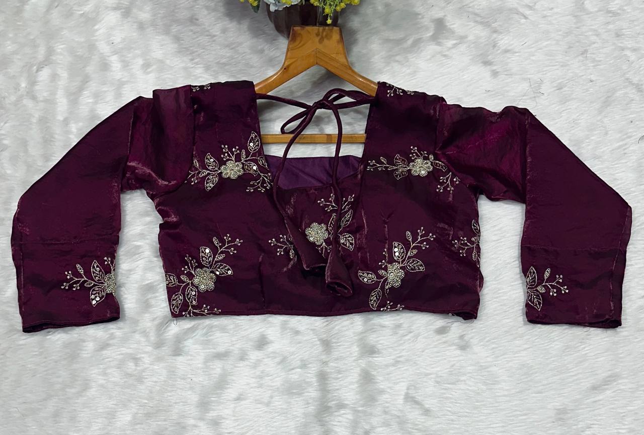 Wine Designer Heavy Fandy Satin Embroidered Peplum Lehenga Set with Sequins, Zari Work, Belt & Matching Dupatta – Fully Stitched Festive & Party Wear