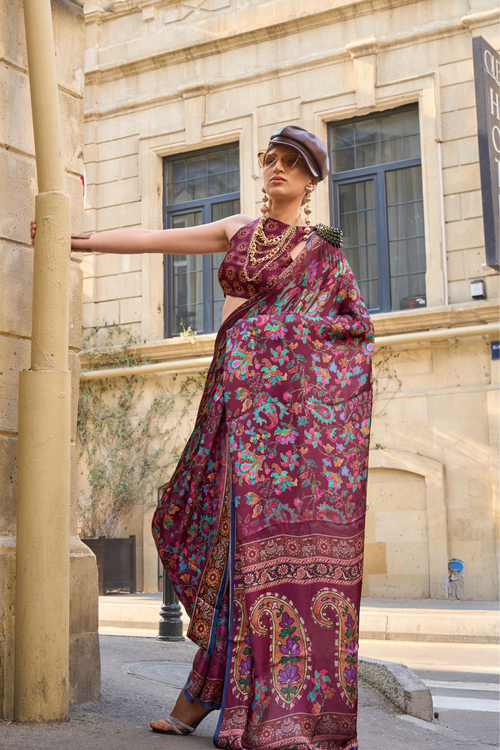 Wine Elegant Bollywood Satin Printed Saree – Party & Festive Wear