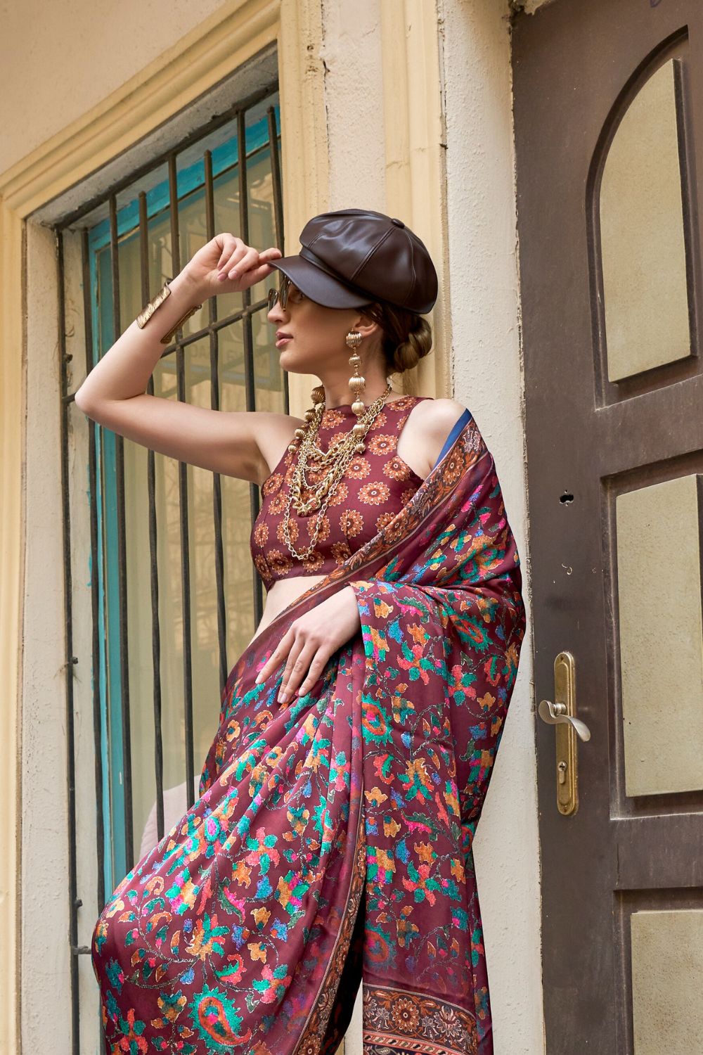 Wine Elegant Bollywood Satin Printed Saree – Party & Festive Wear