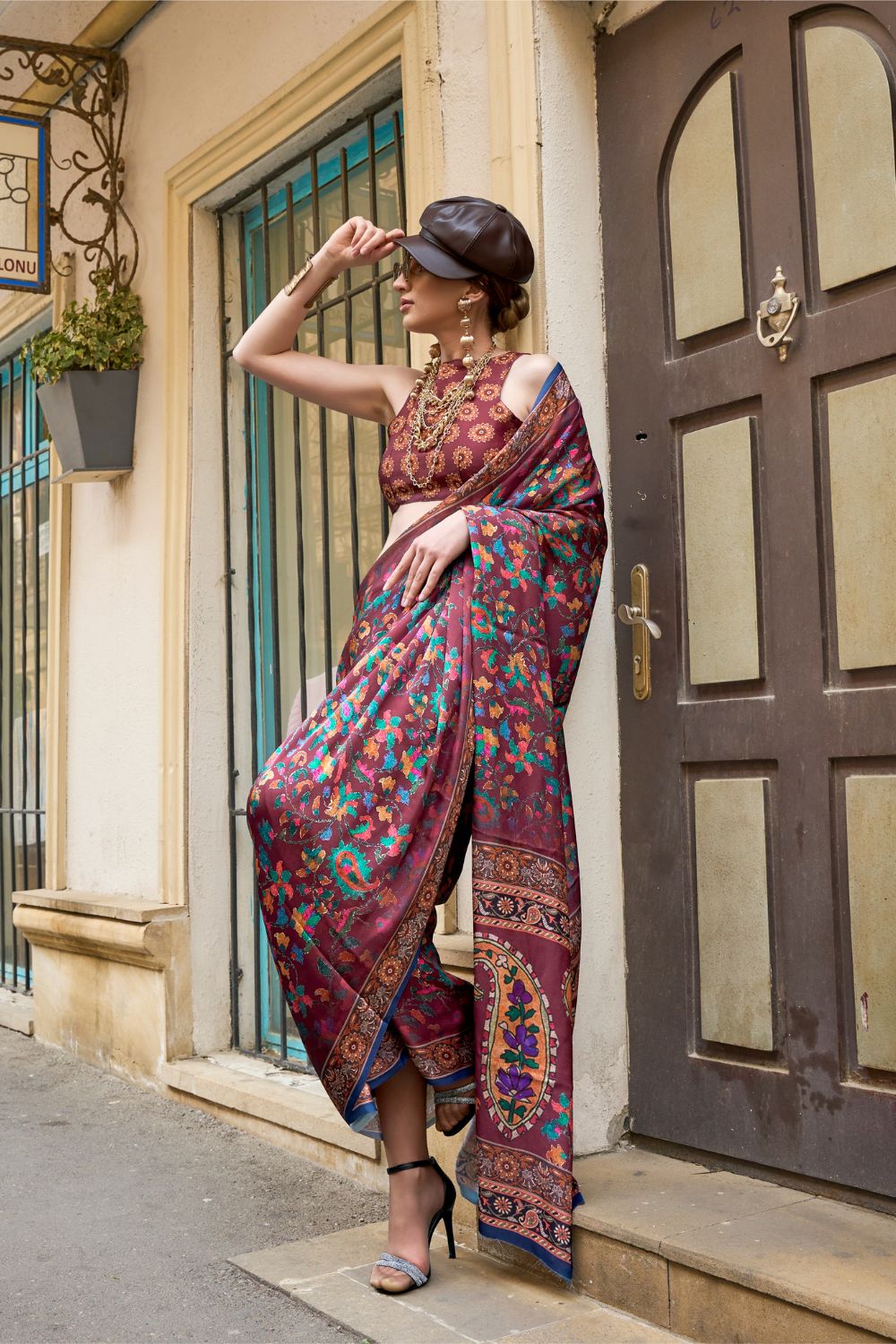 Wine Elegant Bollywood Satin Printed Saree – Party & Festive Wear
