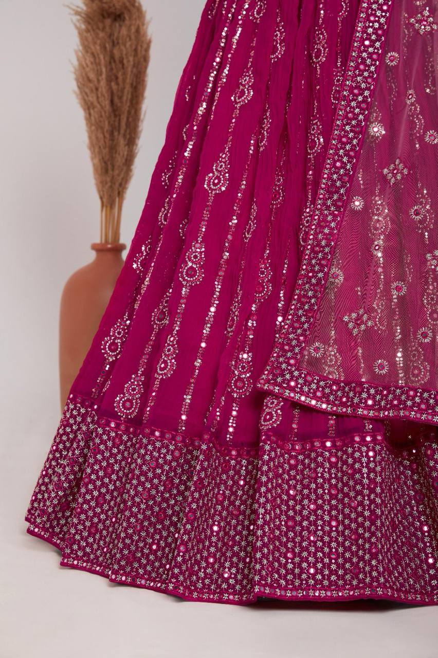 Wine Elegant Heavy Georgette Embroidered Lehenga Set with Sequins & Butterfly Net Dupatta