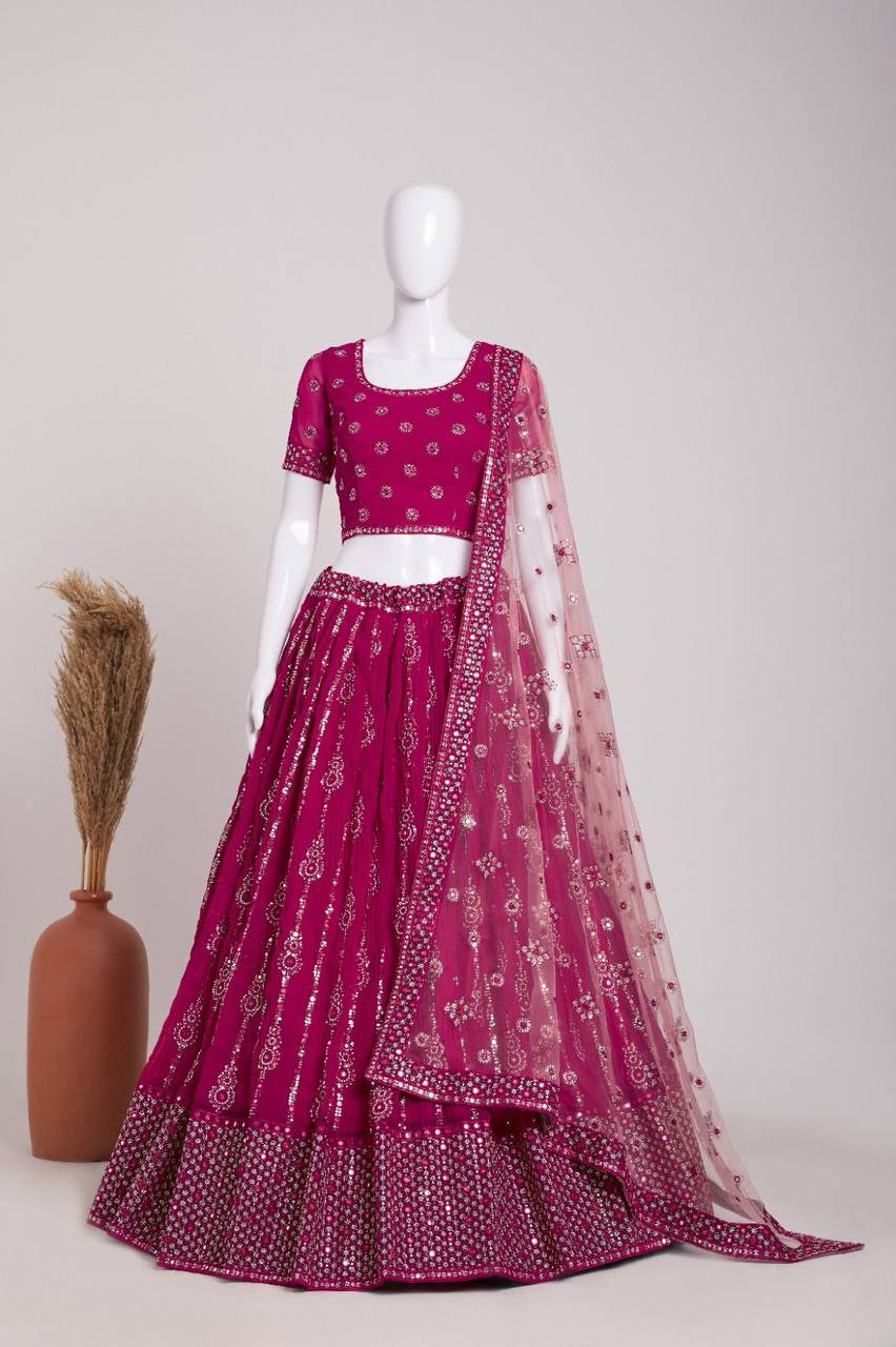 Wine Elegant Heavy Georgette Embroidered Lehenga Set with Sequins & Butterfly Net Dupatta
