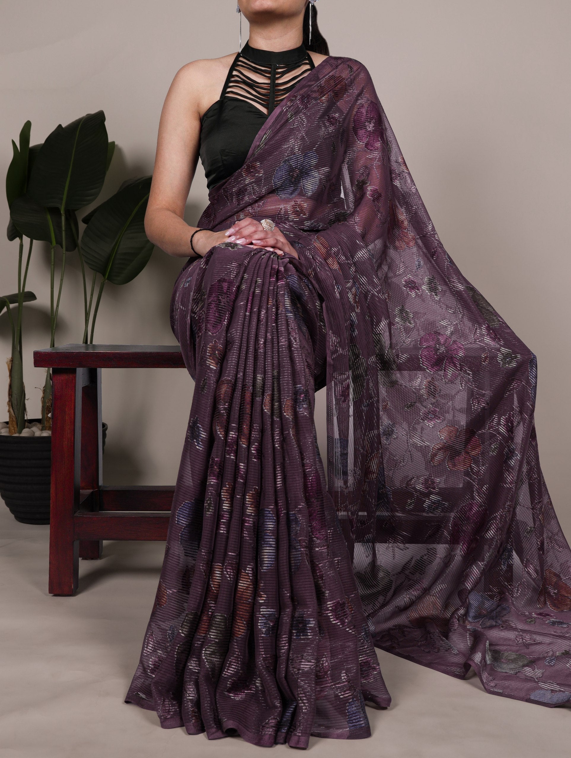 Wine Elegant Lurex Brasso Saree with Floral Viscose Brasso Work & Silk Blouse Piece