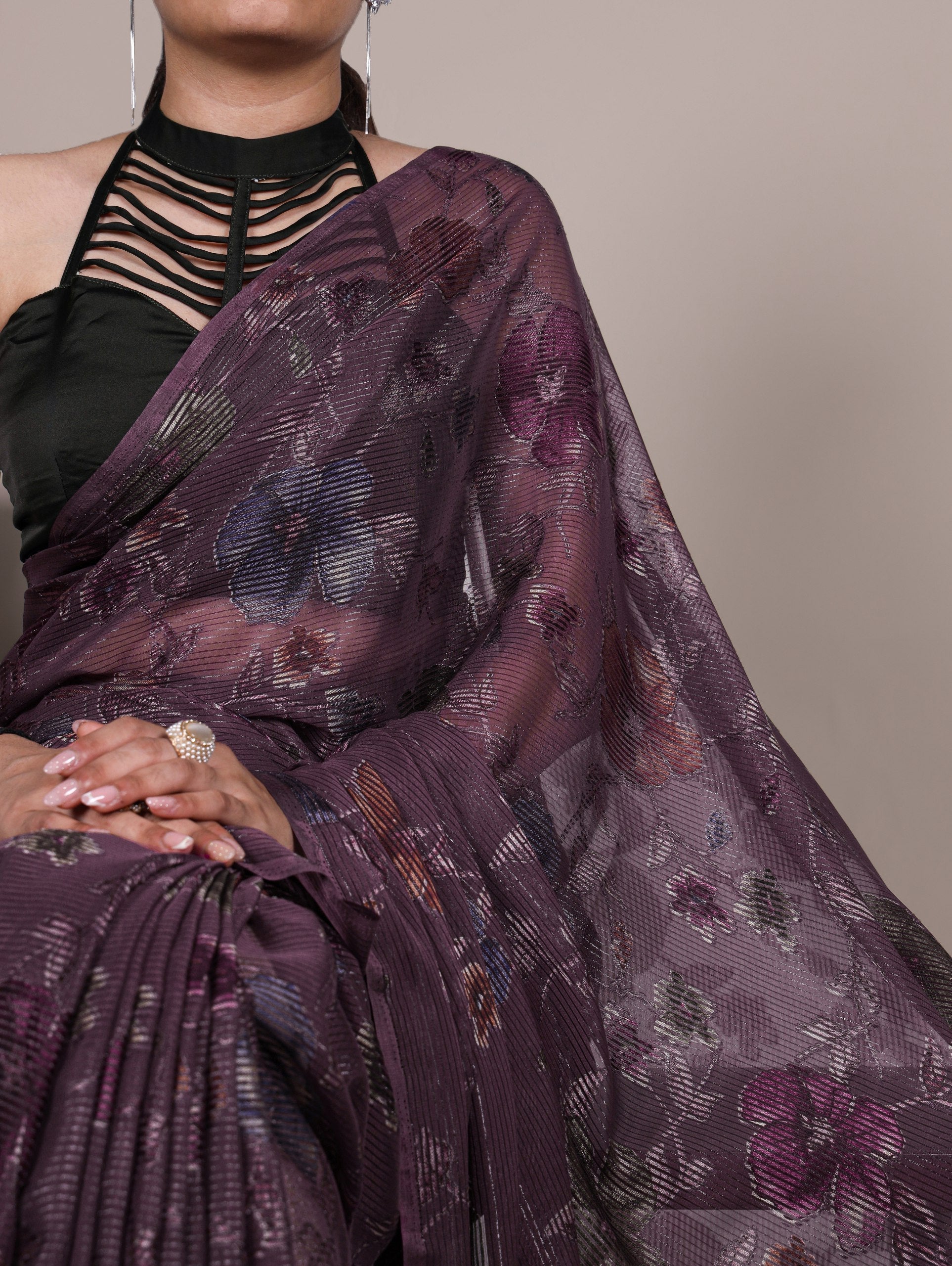 Wine Elegant Lurex Brasso Saree with Floral Viscose Brasso Work & Silk Blouse Piece
