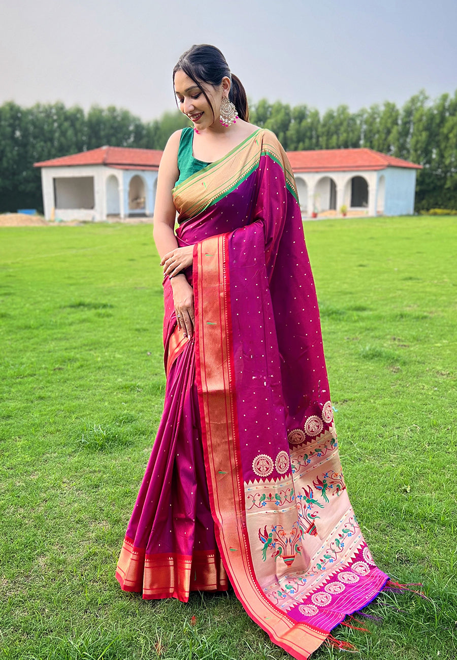 Wine Elegant Paithani Silk Saree with Jacquard Weaving