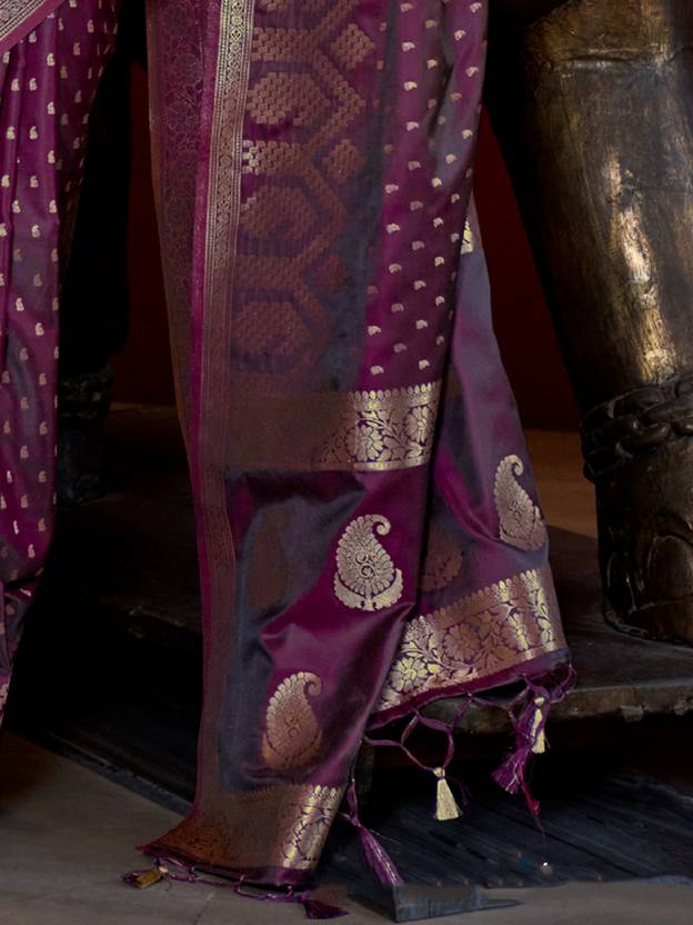Wine Elegant Pure Satin Handloom Saree with Unstitched Blouse Piece