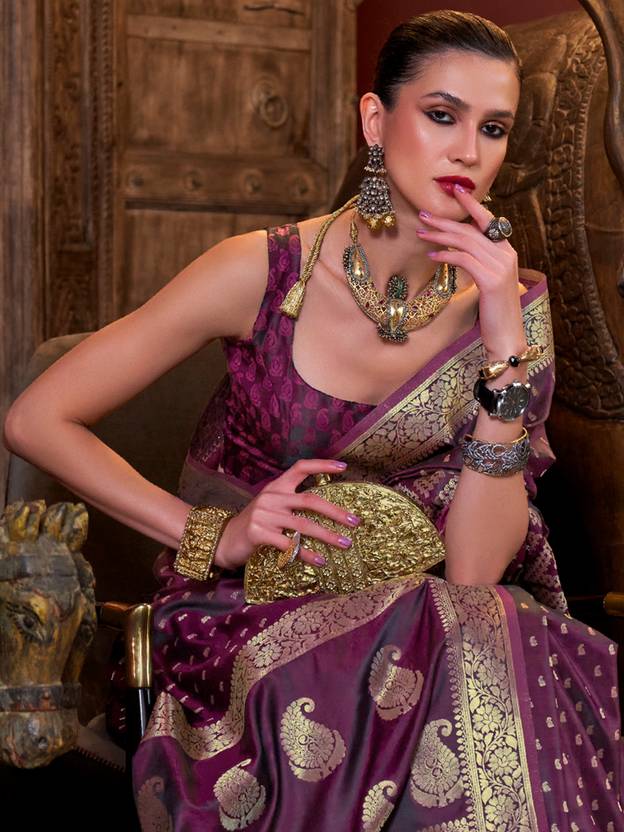 Wine Elegant Pure Satin Handloom Saree with Unstitched Blouse Piece