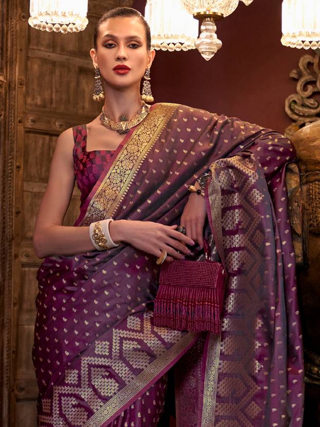 Wine Elegant Pure Satin Handloom Saree with Unstitched Blouse Piece
