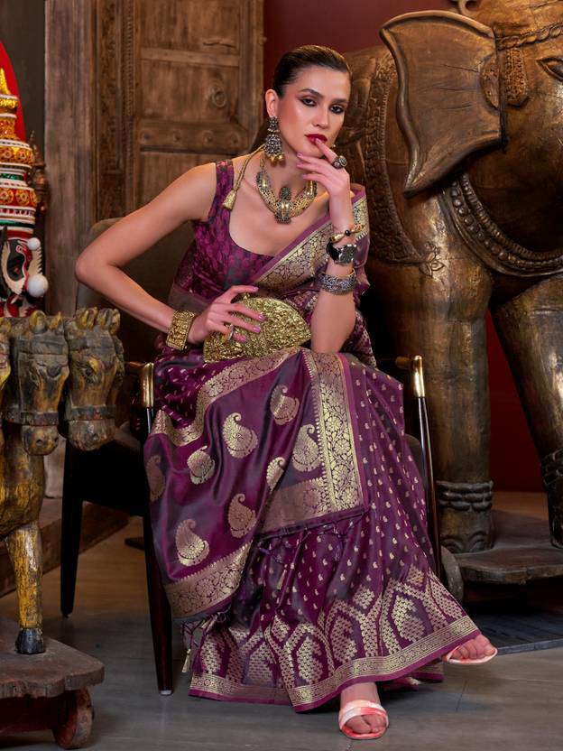 Wine Elegant Pure Satin Handloom Saree with Unstitched Blouse Piece