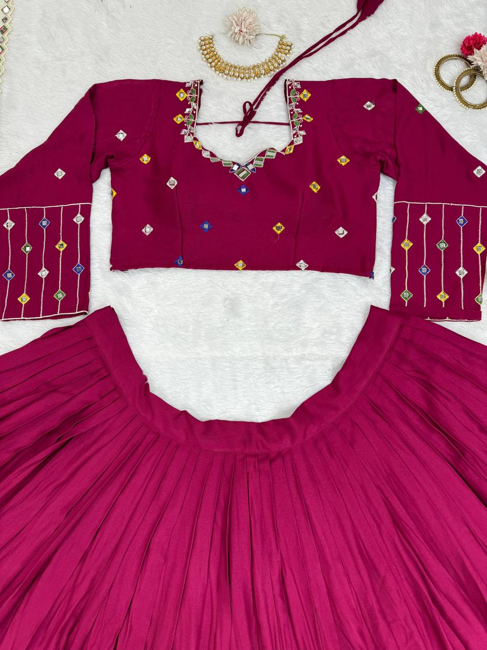 Wine Elegant Reyon Semi-Stitched Lehenga Choli Set with Real Mirror Work & Cutwork Dupatta