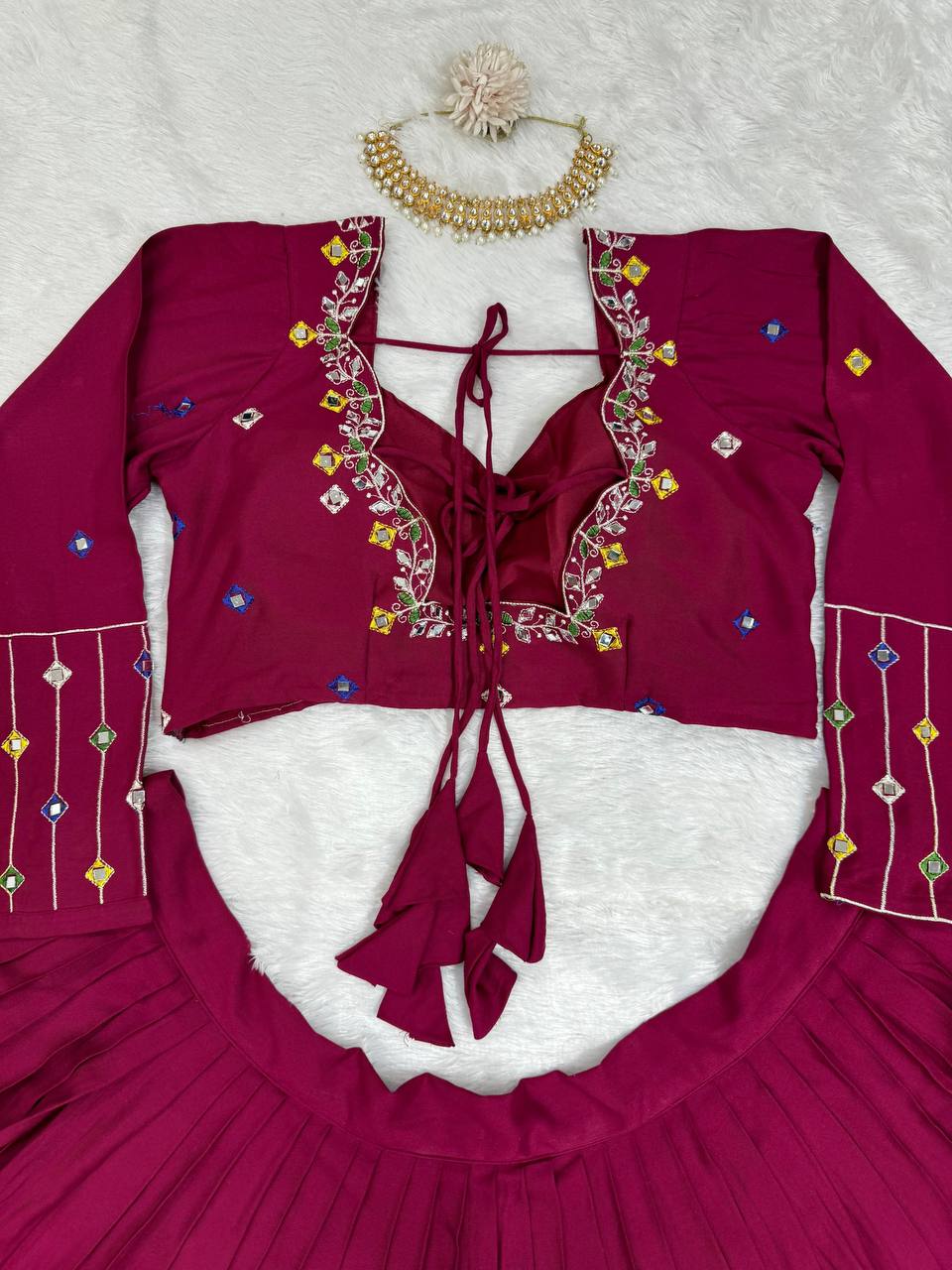 Wine Elegant Reyon Semi-Stitched Lehenga Choli Set with Real Mirror Work & Cutwork Dupatta