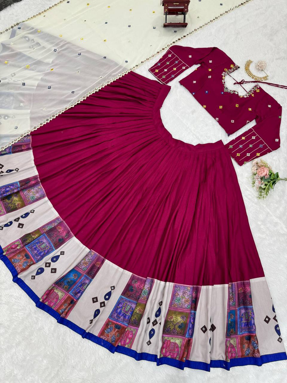 Wine Elegant Reyon Semi-Stitched Lehenga Choli Set with Real Mirror Work & Cutwork Dupatta