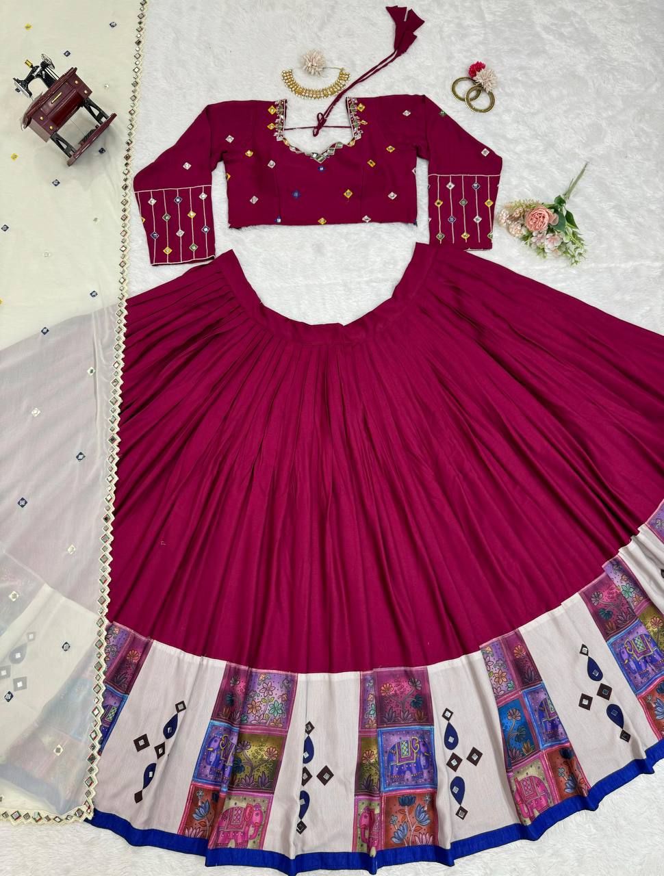Wine Elegant Reyon Semi-Stitched Lehenga Choli Set with Real Mirror Work & Cutwork Dupatta