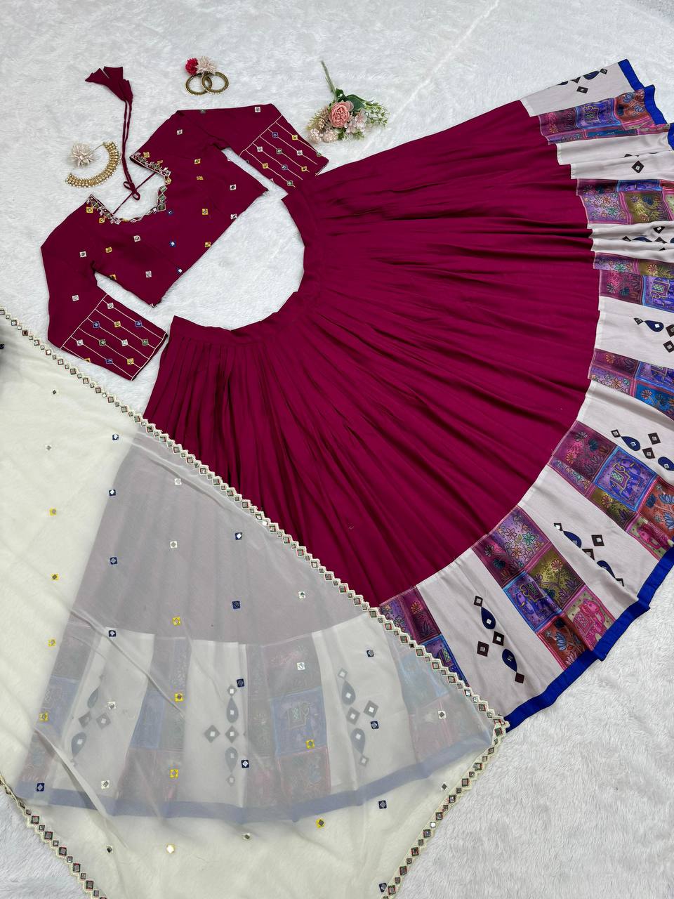 Wine Elegant Reyon Semi-Stitched Lehenga Choli Set with Real Mirror Work & Cutwork Dupatta