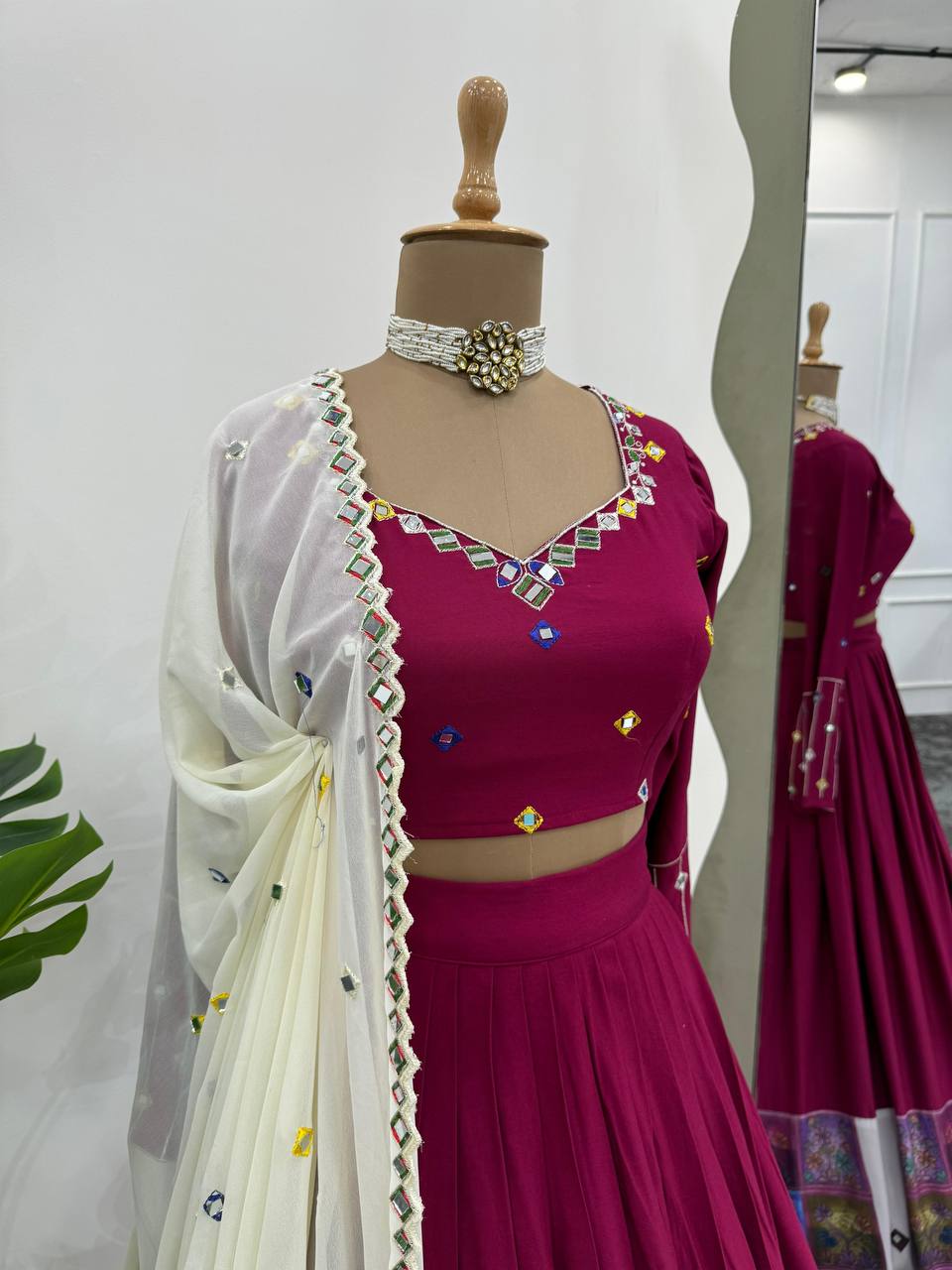 Wine Elegant Reyon Semi-Stitched Lehenga Choli Set with Real Mirror Work & Cutwork Dupatta