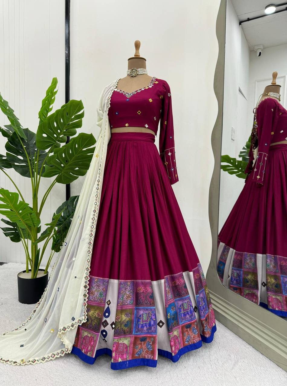 Wine Elegant Reyon Semi-Stitched Lehenga Choli Set with Real Mirror Work & Cutwork Dupatta
