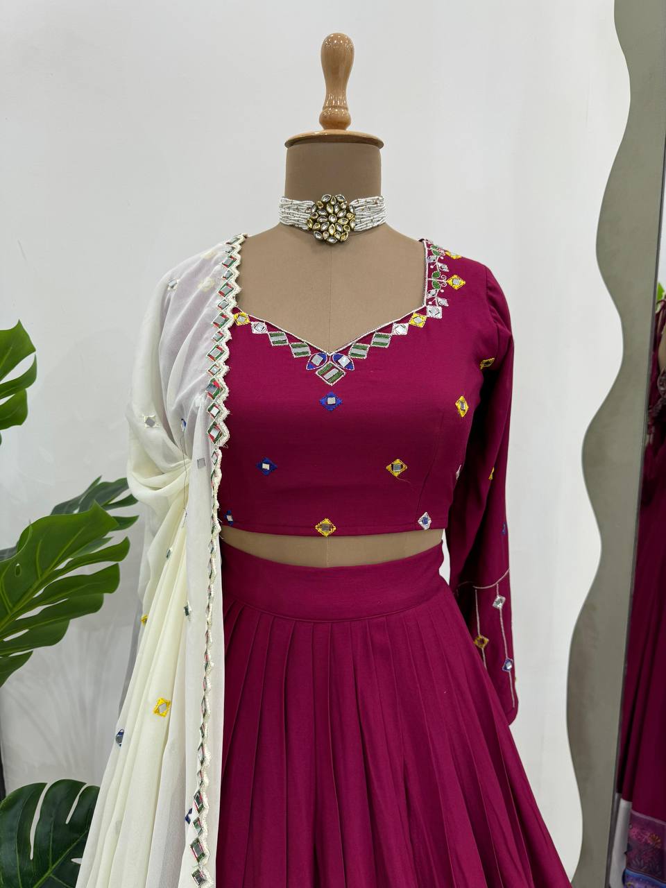 Wine Elegant Reyon Semi-Stitched Lehenga Choli Set with Real Mirror Work & Cutwork Dupatta