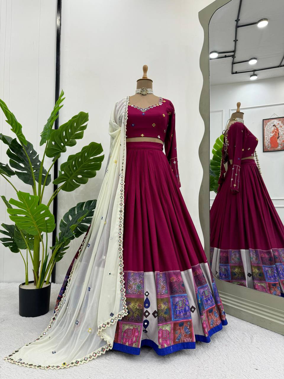 Wine Elegant Reyon Semi-Stitched Lehenga Choli Set with Real Mirror Work & Cutwork Dupatta