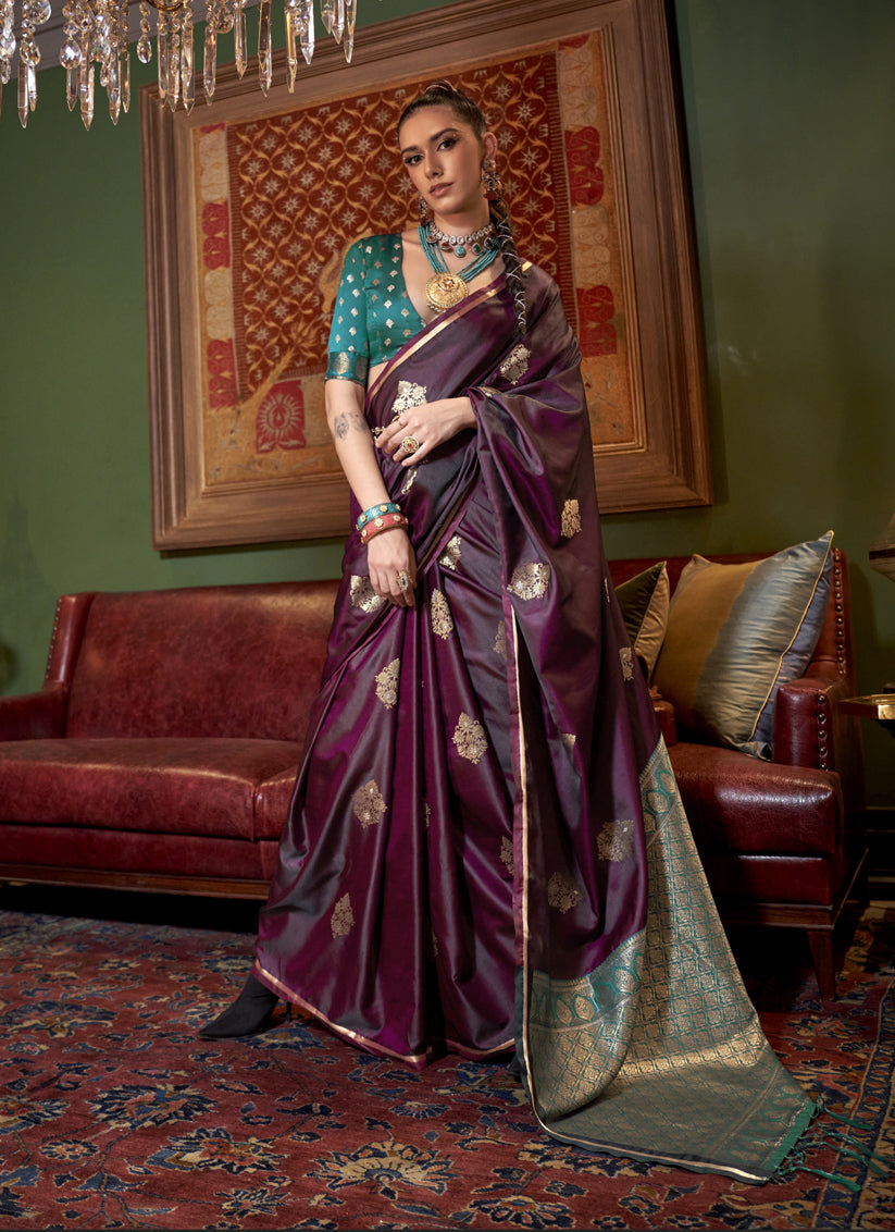 Wine Elegant Satin Silk Saree – Evening Cocktail & Dinner Party Wear