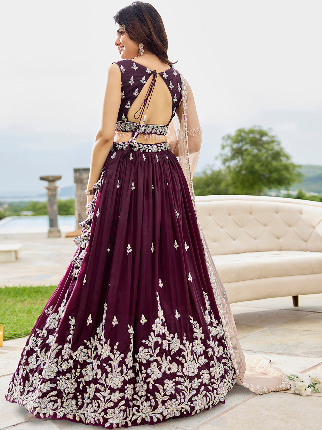 Wine Elegant Satin Silk Sequin Embroidered Lehenga Choli with Dupatta – 3.5 Meter Flair, Fully Stitched