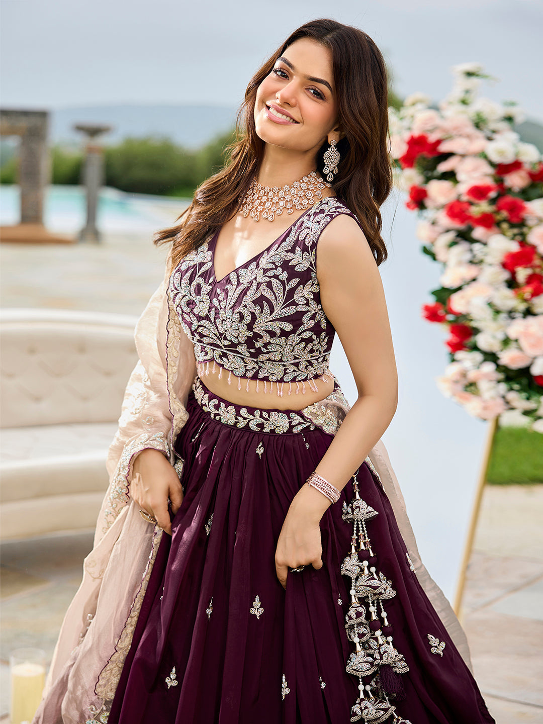Wine Elegant Satin Silk Sequin Embroidered Lehenga Choli with Dupatta – 3.5 Meter Flair, Fully Stitched
