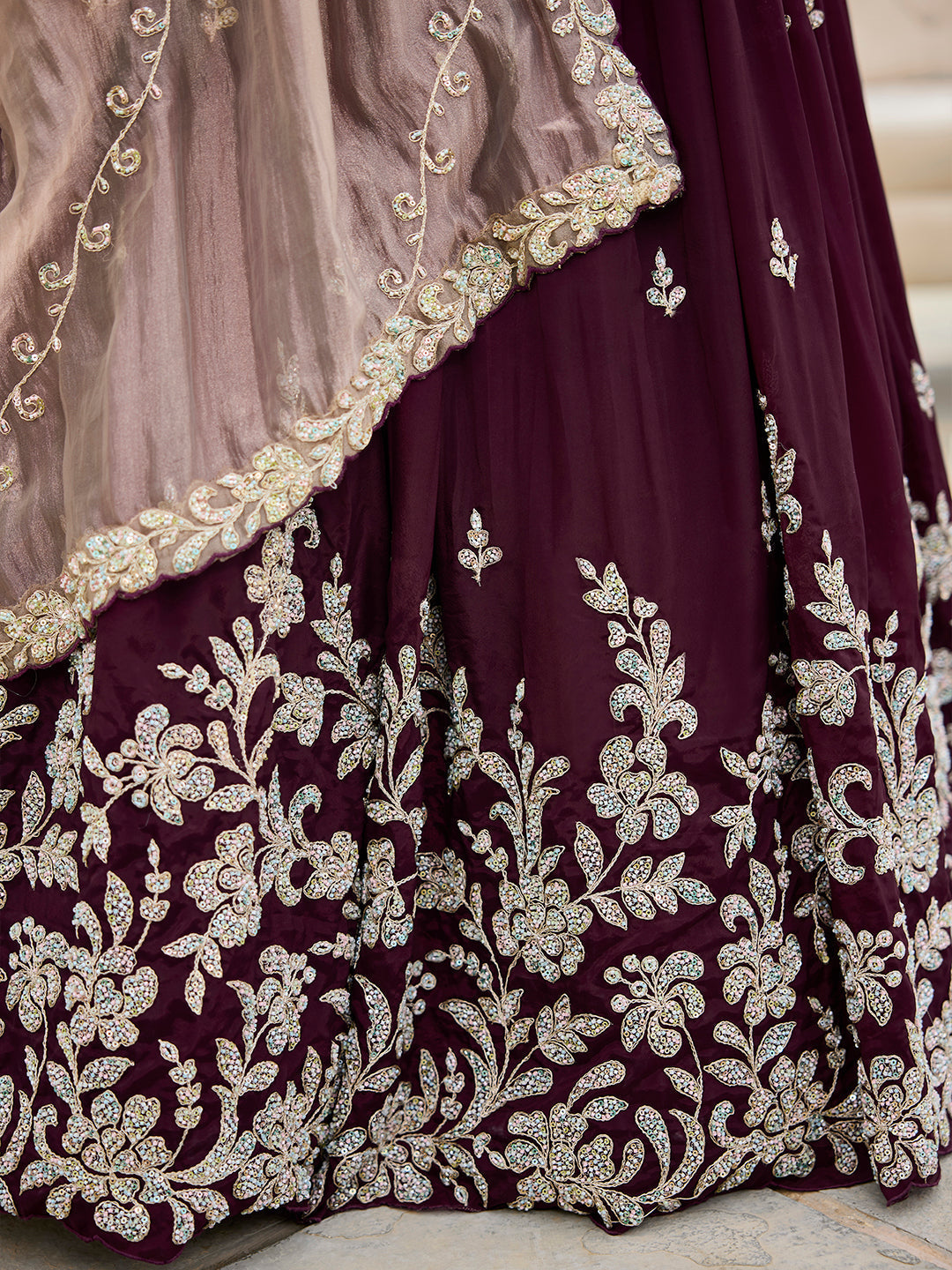 Wine Elegant Satin Silk Sequin Embroidered Lehenga Choli with Dupatta – 3.5 Meter Flair, Fully Stitched