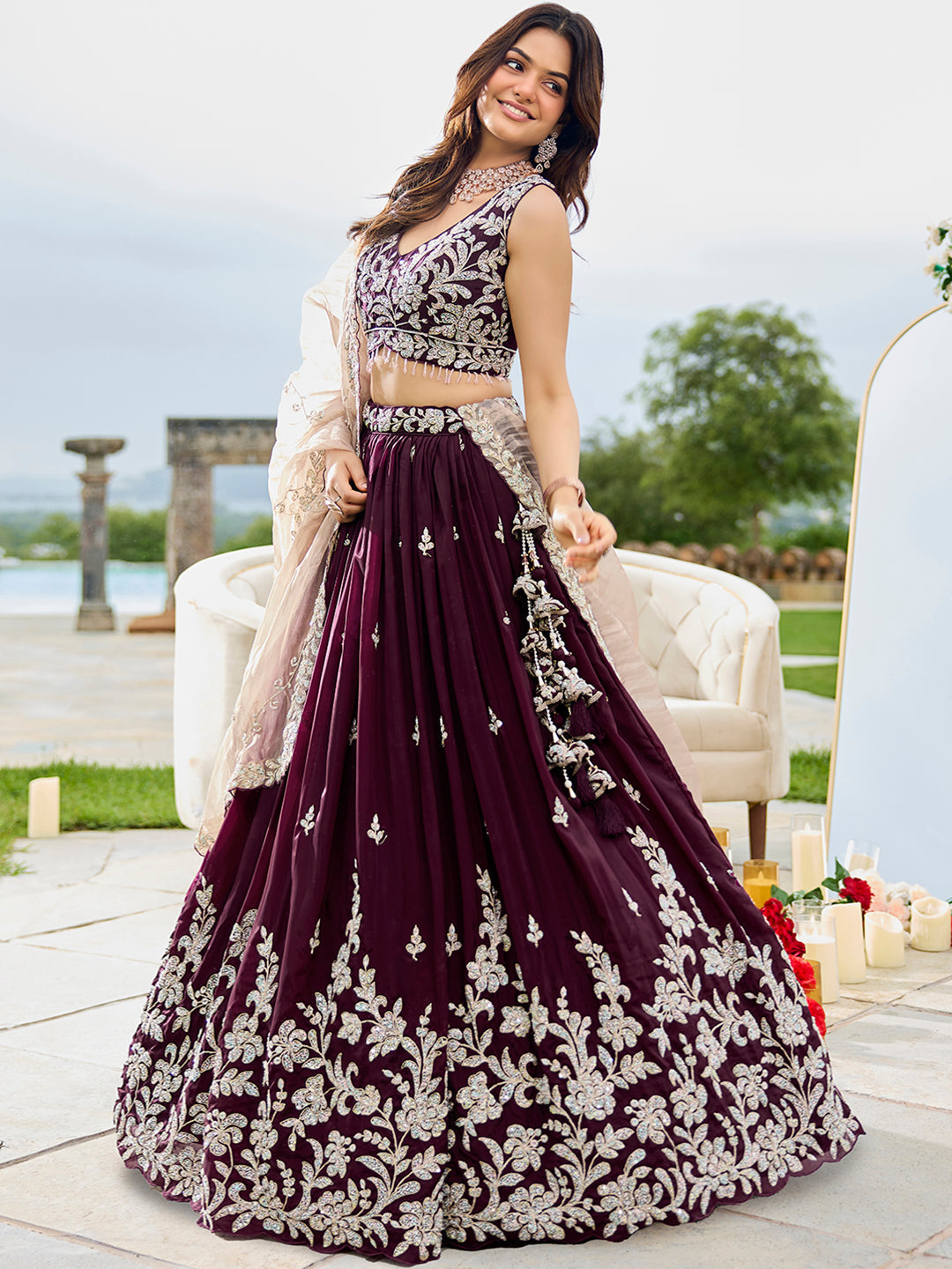 Wine Elegant Satin Silk Sequin Embroidered Lehenga Choli with Dupatta – 3.5 Meter Flair, Fully Stitched