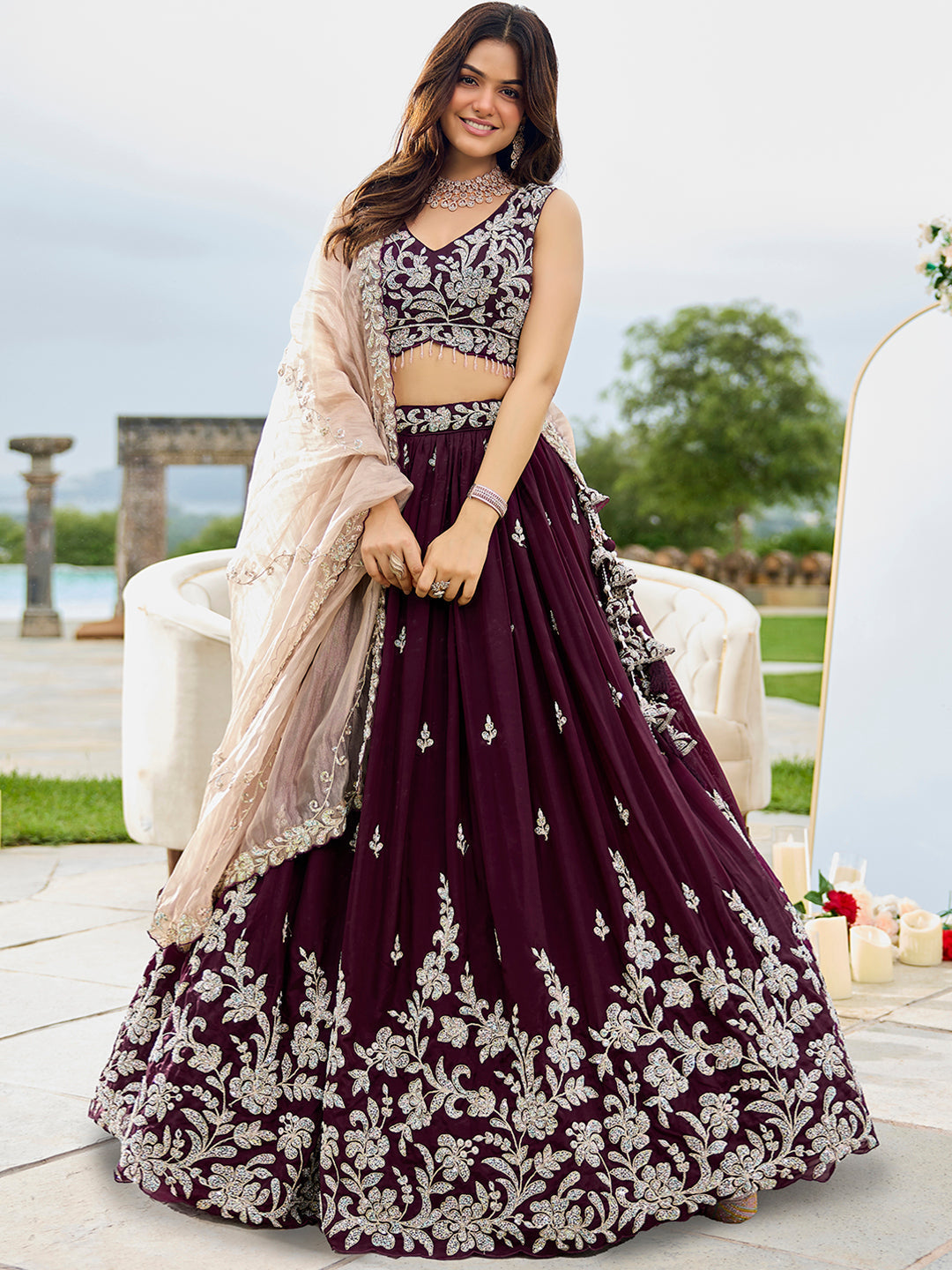 Wine Elegant Satin Silk Sequin Embroidered Lehenga Choli with Dupatta – 3.5 Meter Flair, Fully Stitched