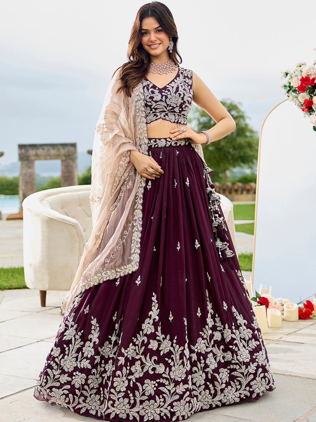 Wine Elegant Satin Silk Sequin Embroidered Lehenga Choli with Dupatta – 3.5 Meter Flair, Fully Stitched