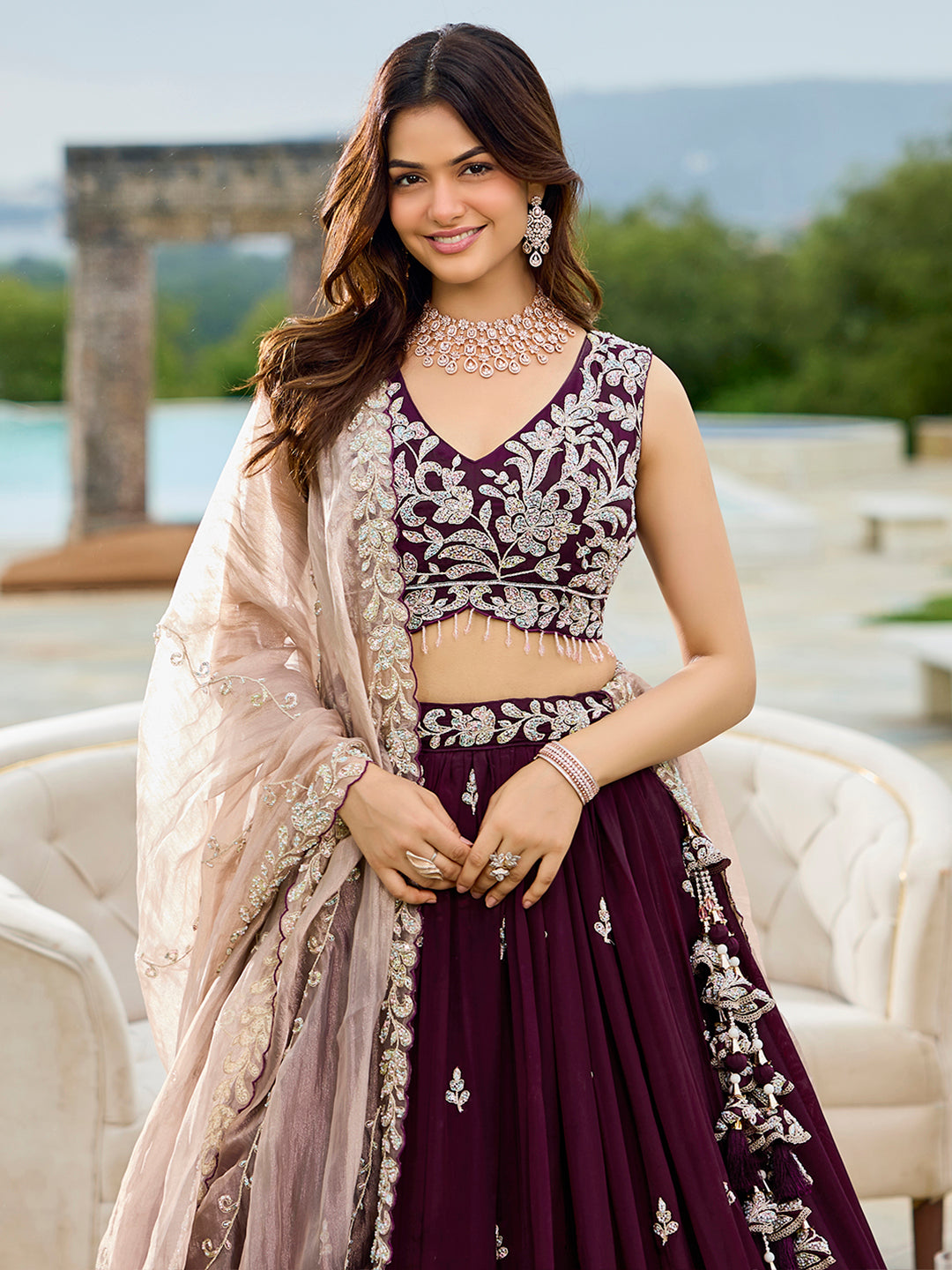 Wine Elegant Satin Silk Sequin Embroidered Lehenga Choli with Dupatta – 3.5 Meter Flair, Fully Stitched