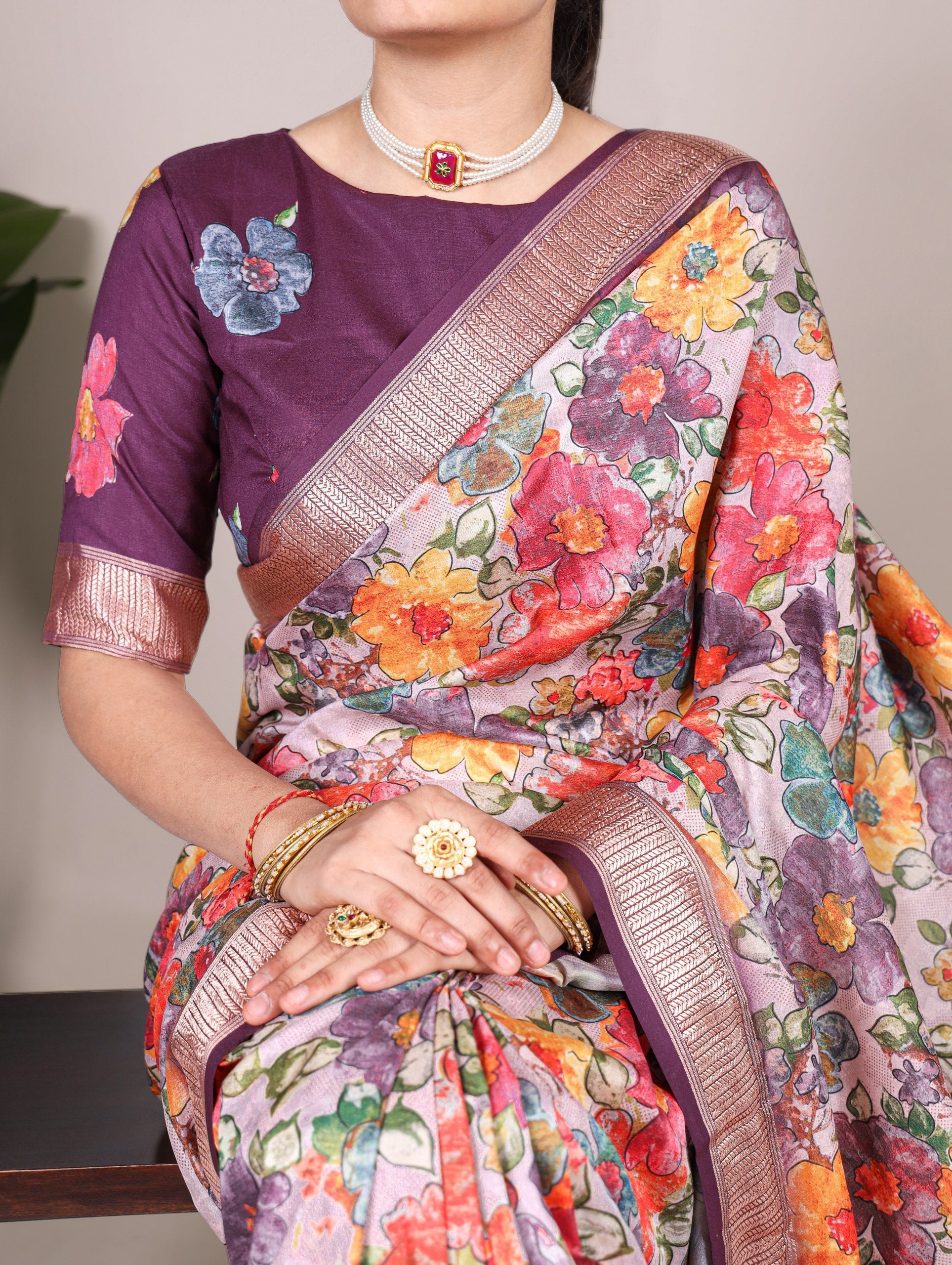 Wine Elegant Tussar Silk Floral Printed Saree with Viscose Border