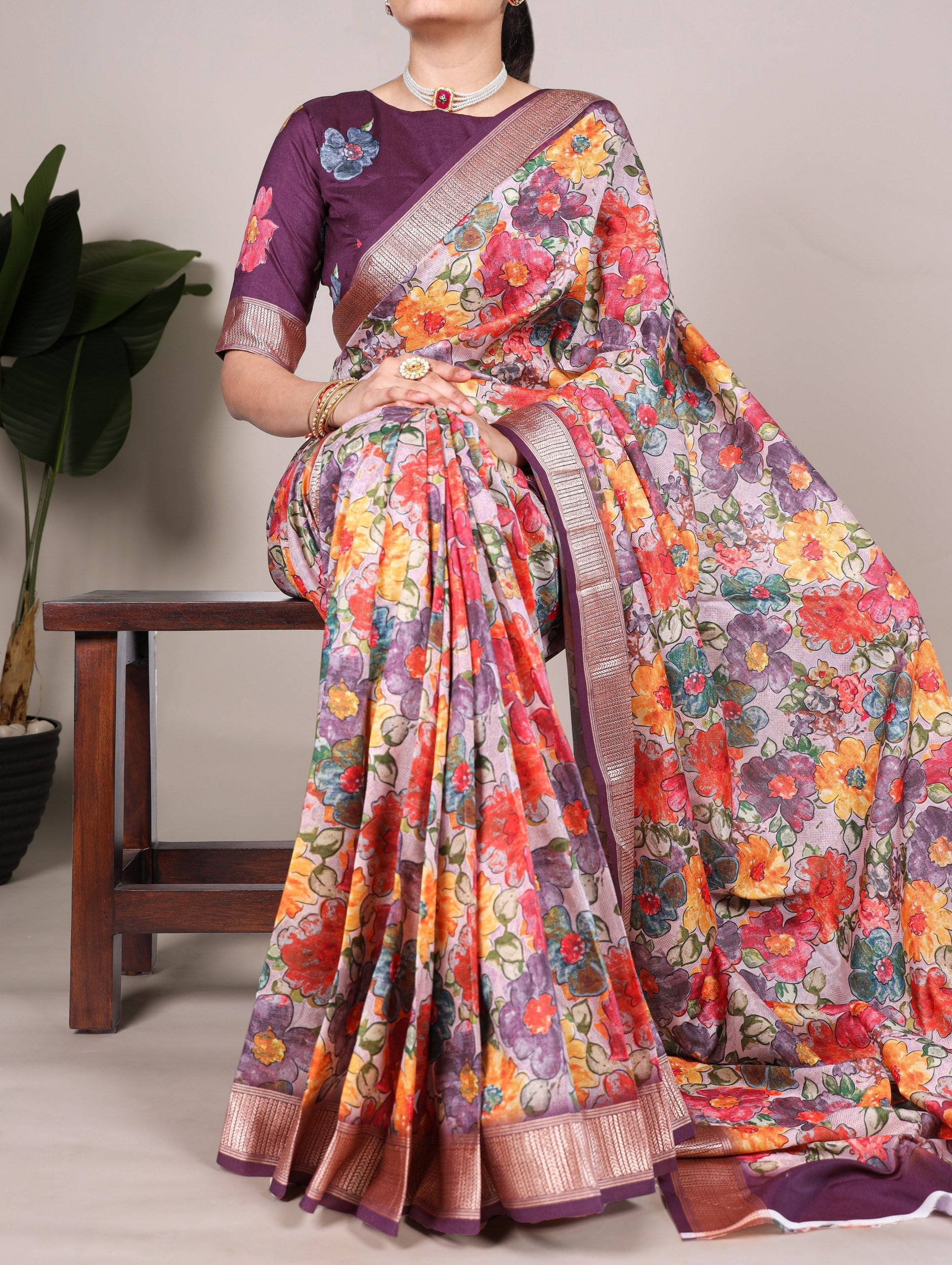 Wine Elegant Tussar Silk Floral Printed Saree with Viscose Border