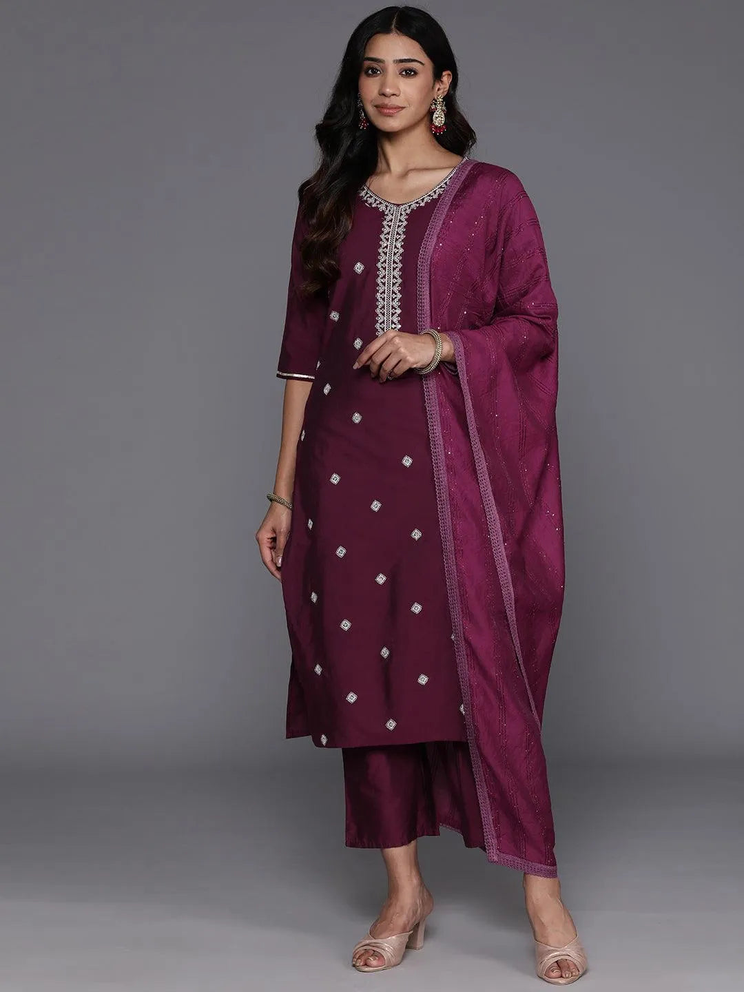 Anouk Wine Embroidered Silk Blend Straight Suit With Dupatta